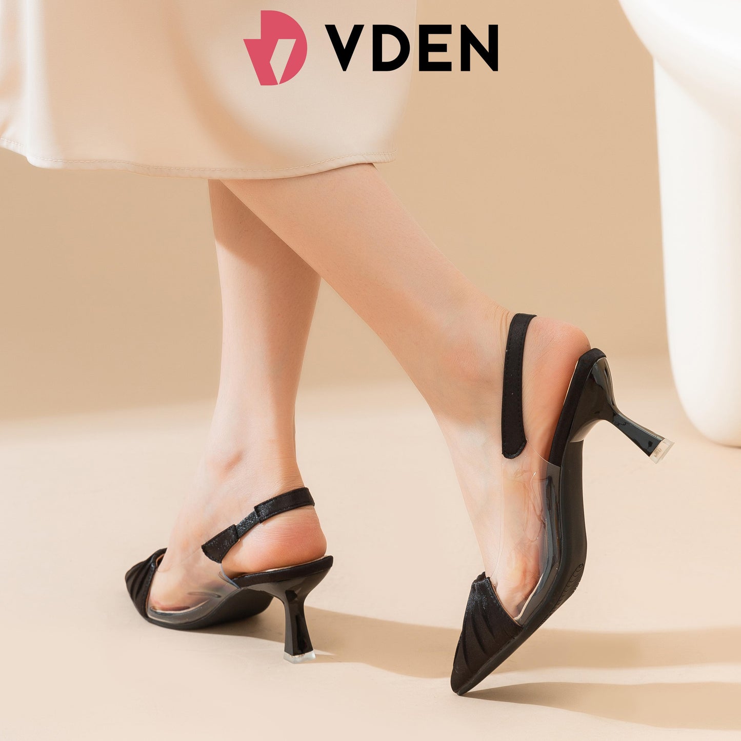 VDEN Satin Patent Leather Slingback-Heeled Shoes For Women 2.7INCH/7CM 4408-3 Fairy Style Sandals With Pointed Toe Fashionable Color Matching And Transparent Stitching Color
