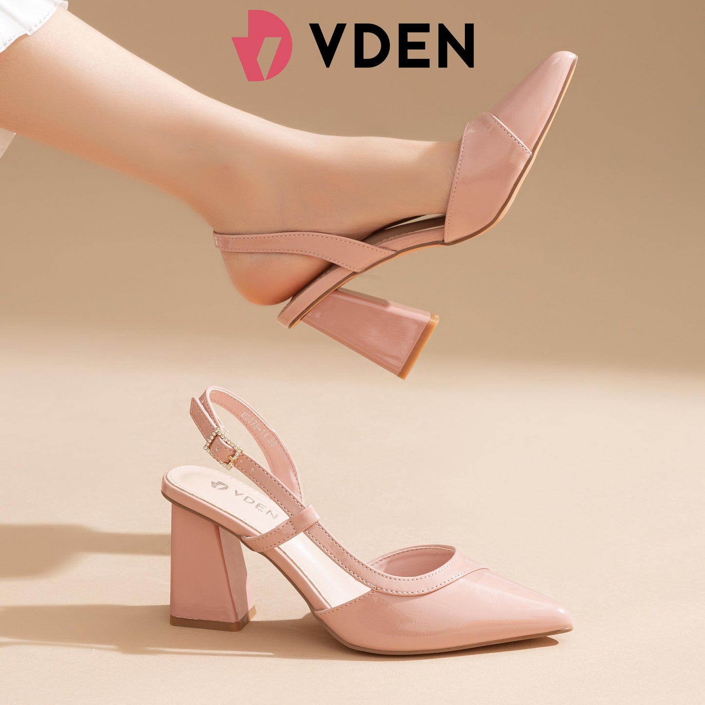 VDEN Closed Pointed Toe Chunky Heels Slingback Pumps Block Dress Shoes Women 2.9INCH/7.3CM M3673-14 Elegant Classy Footwear Girl Solid Color Patent Leather Pointed Toe Thick Heel Shoes Summer Slingback Shoes All-match Thick Heel Sandals