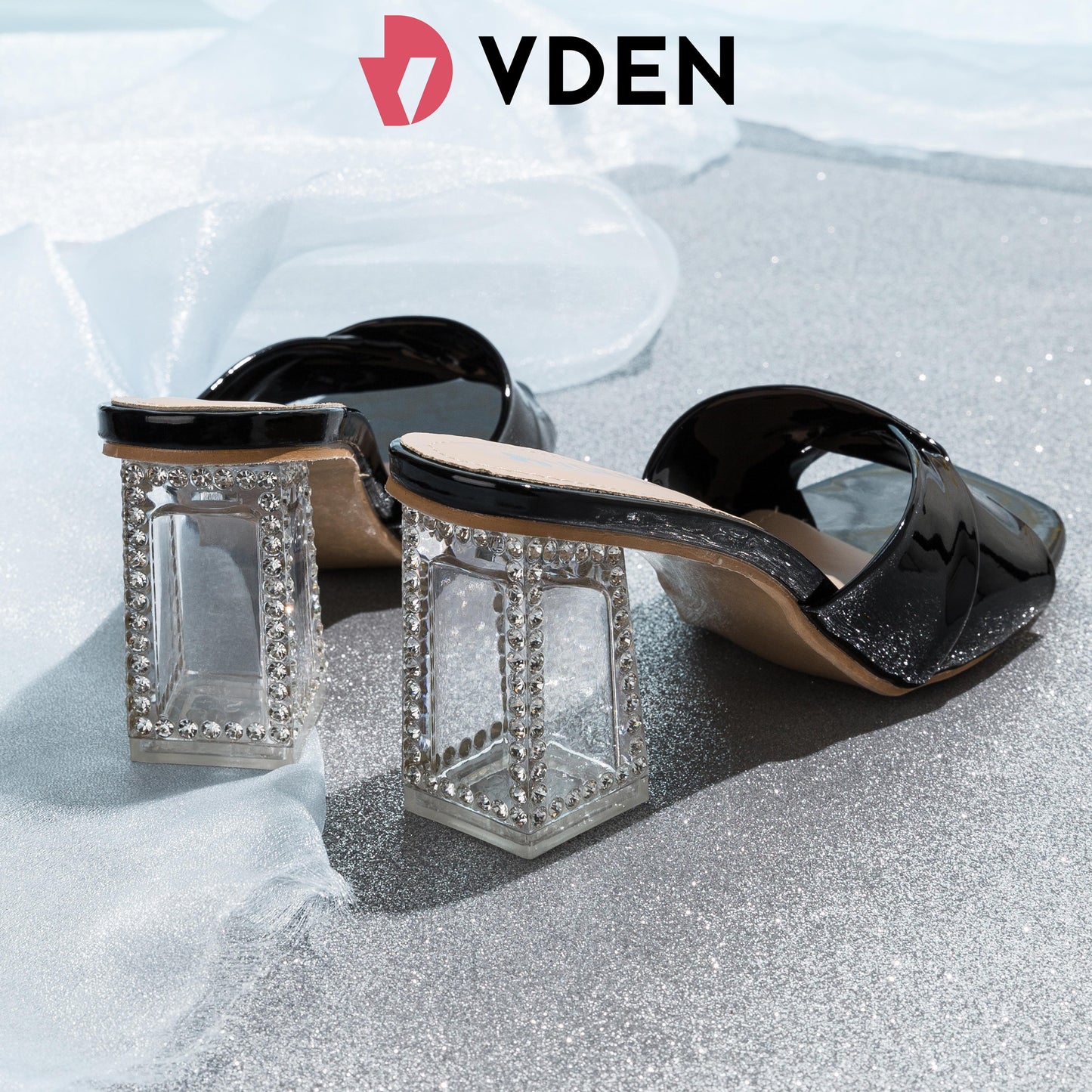 VDEN French high heels retro mid-heel sandals 186-8 crystal heel office slippers for women summer outer wear 2024 new style