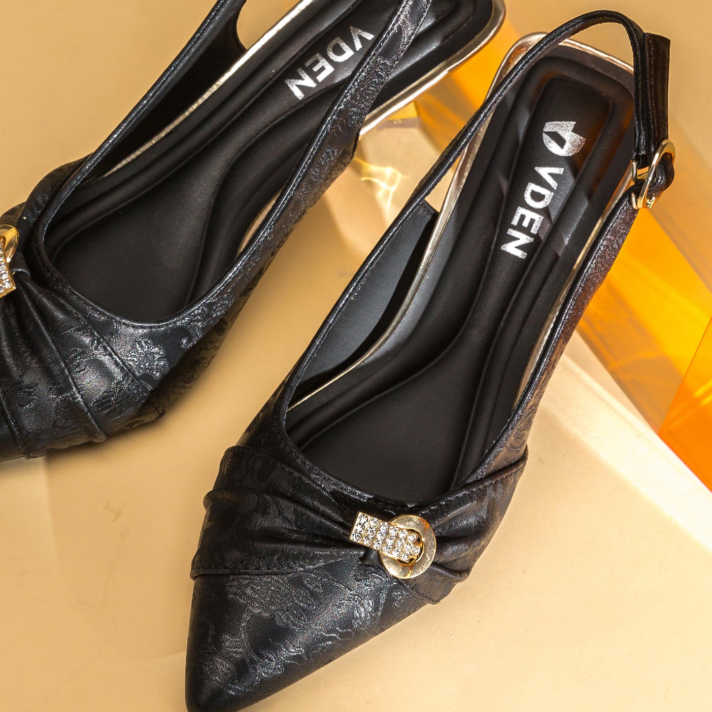 VDEN Women's Satin Embroidered Slingback Heels 2.7INCH/7CM H0665 Commuting Pointy Toe Stilettos