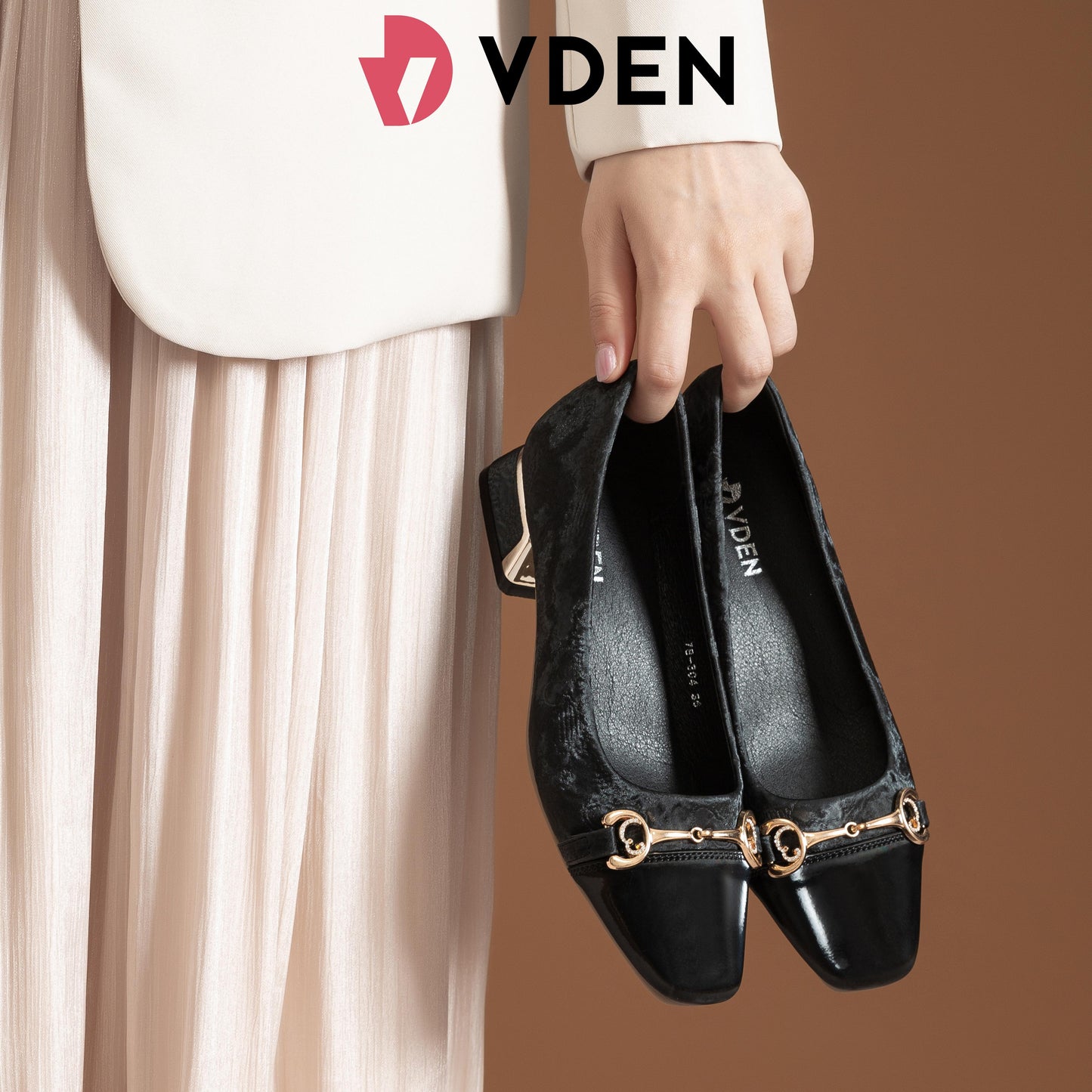 VDEN Leather Buckle Mid Heel Shoes for Women 2.6CM/1INCH Old Money Style Commuting Shoes For Women 78-304 Low Heel Fashionable Square Toe Versatile Thick Heel Shoes