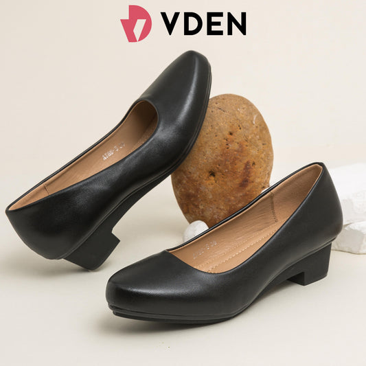 VDEN Black Low Heel Pump Shoes Women Casual Soft Sole Round Toe Office Work Leather Shoes Non Slip Comfort Wedge Heel Formal Single Shoes 1.3INCHh/3.3CM A288-5 Minimalist Black Pumps Classic Round Toe Anti-Slip For Women