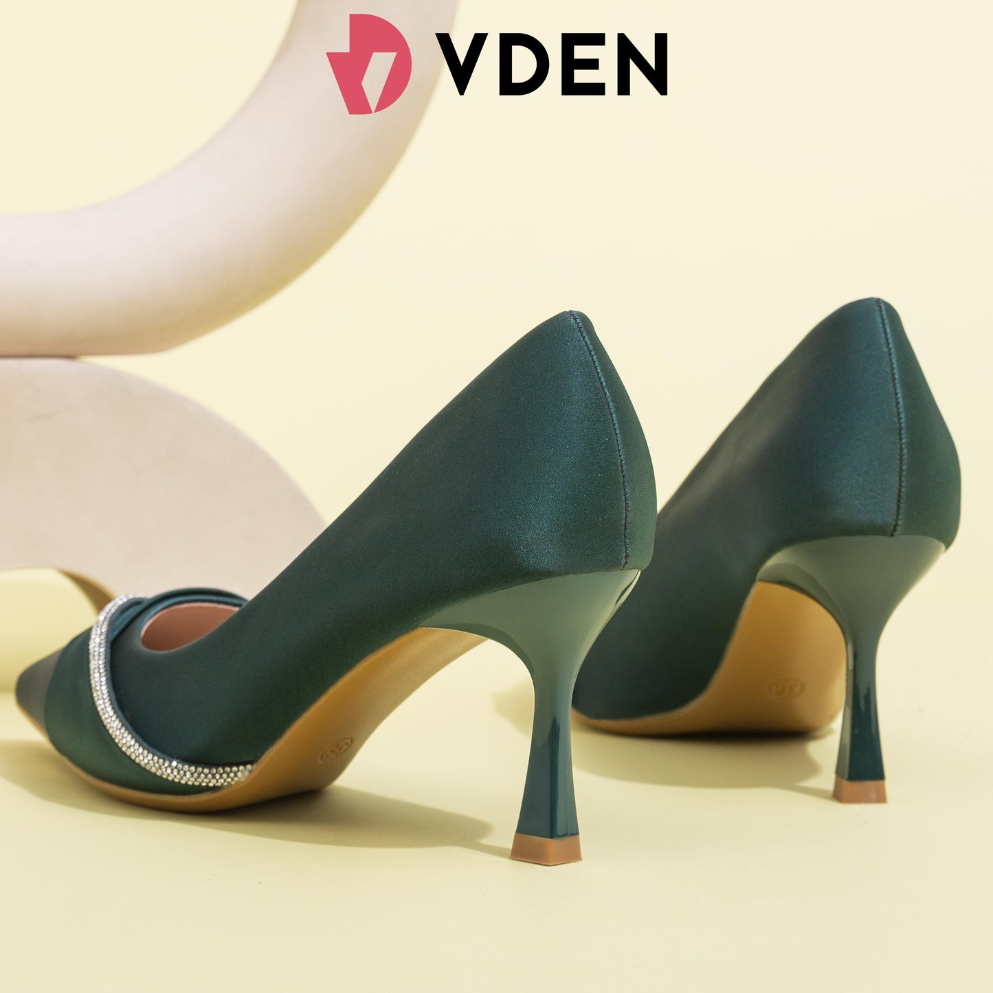 VDEN Women Rhinestone Decor Court Pumps Point Toe Heeled Shoes 3INCH/7.7CM 8806-22 Party High-end Satin Pointed-toe Heels Simple Intellectual Stilettos Heels
