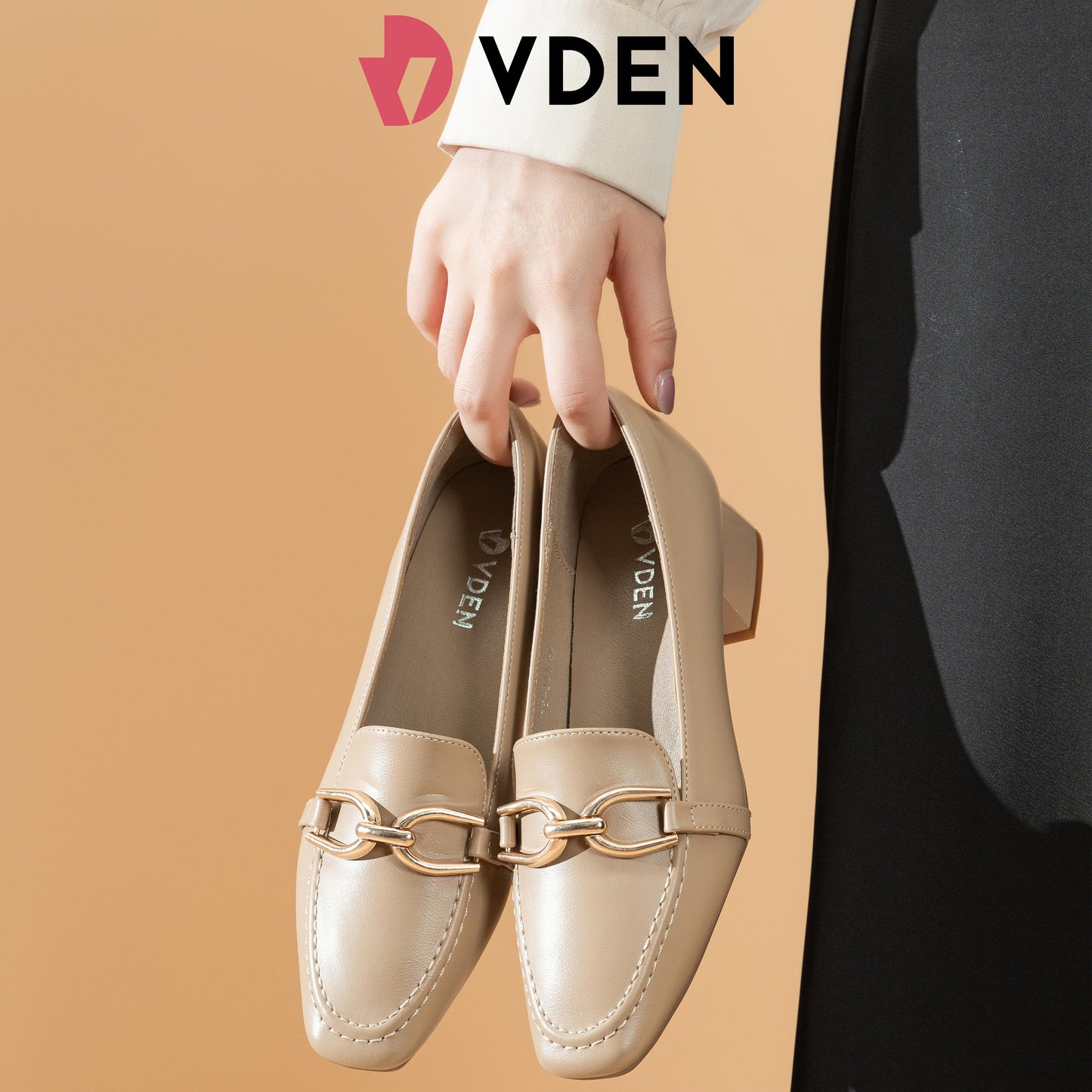 VDEN Leather Heel Gold Buckle Square Toe For Women 3.6CM/1.5INCH Square Toe Thick Heel Old Money Style Loafers Heels 78-301 Women's Office Shoes Footwear