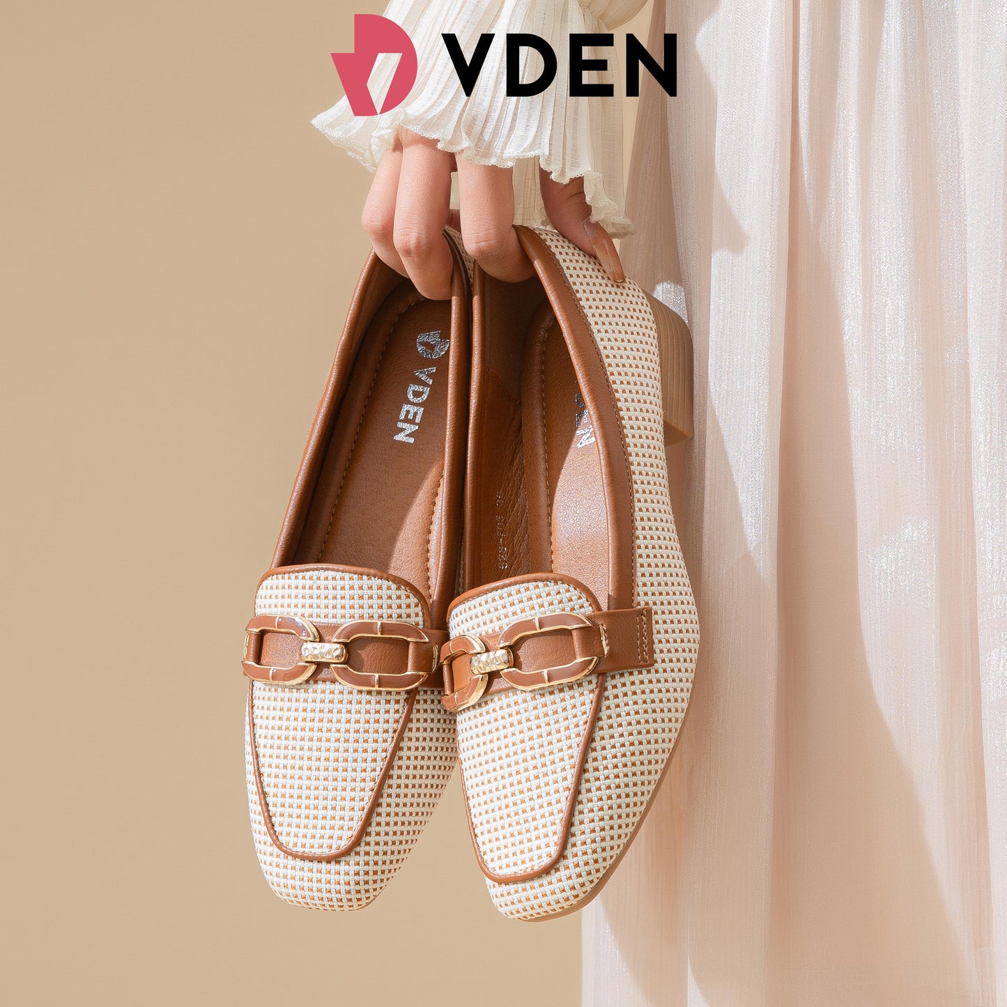 VDEN Slip-On Loafers loafers Dress Shoes Black With Dots Design 1INCH/2.5CM 628-703 Korean Style Breathable Woven Loafers Elegant Mesh Low Heel Loafers Tweed-Style Flat Loafers with Metal Buckle