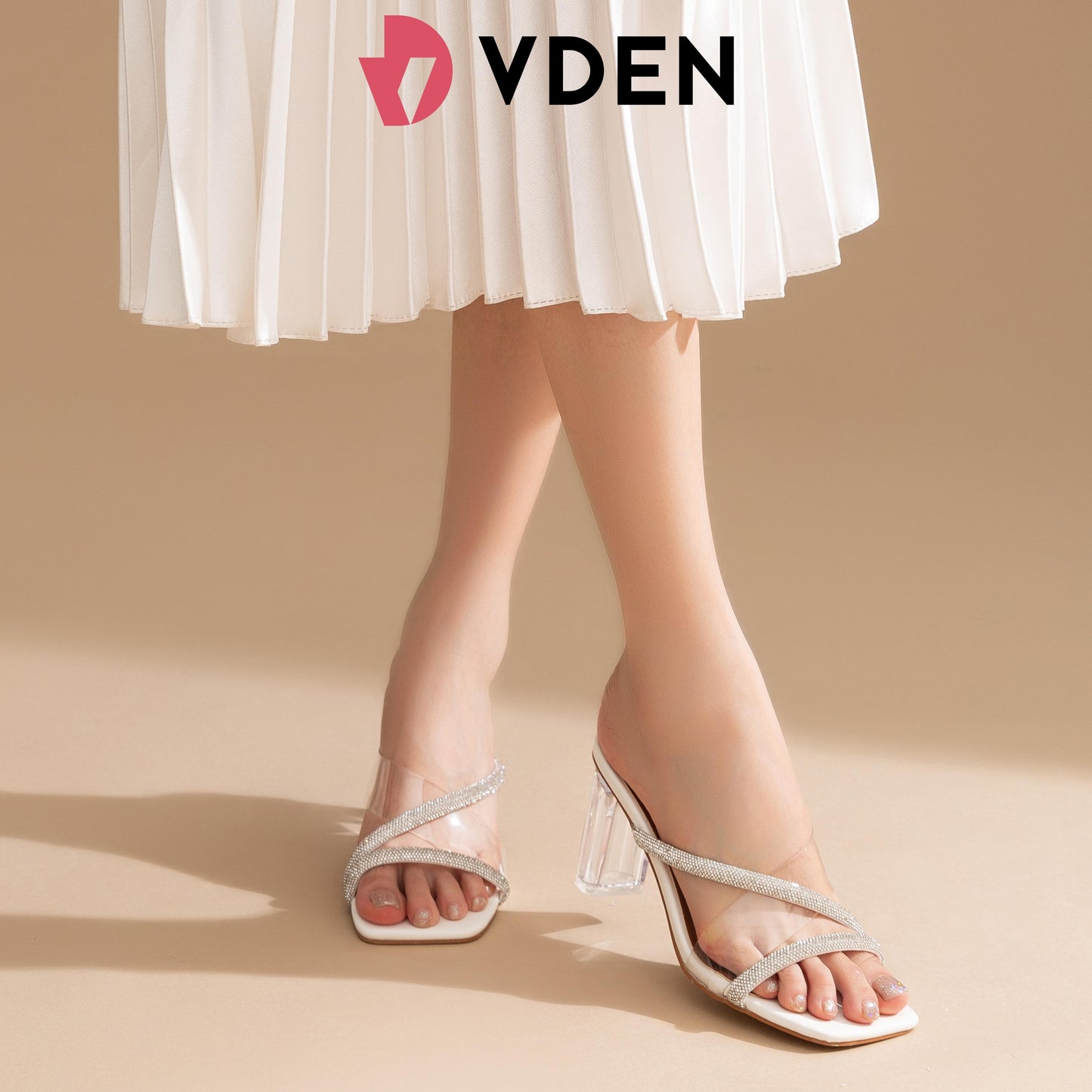 VDEN Heels Women's High-heeled Sandals  Horseshoe Heels 3INCH/7.7CM 1855-D1 Comfort Elegant Girl Footwear Classy Open Toe Rhinestones Decoration Transparent Strap Crystal Heels Sexy Sandals Heels