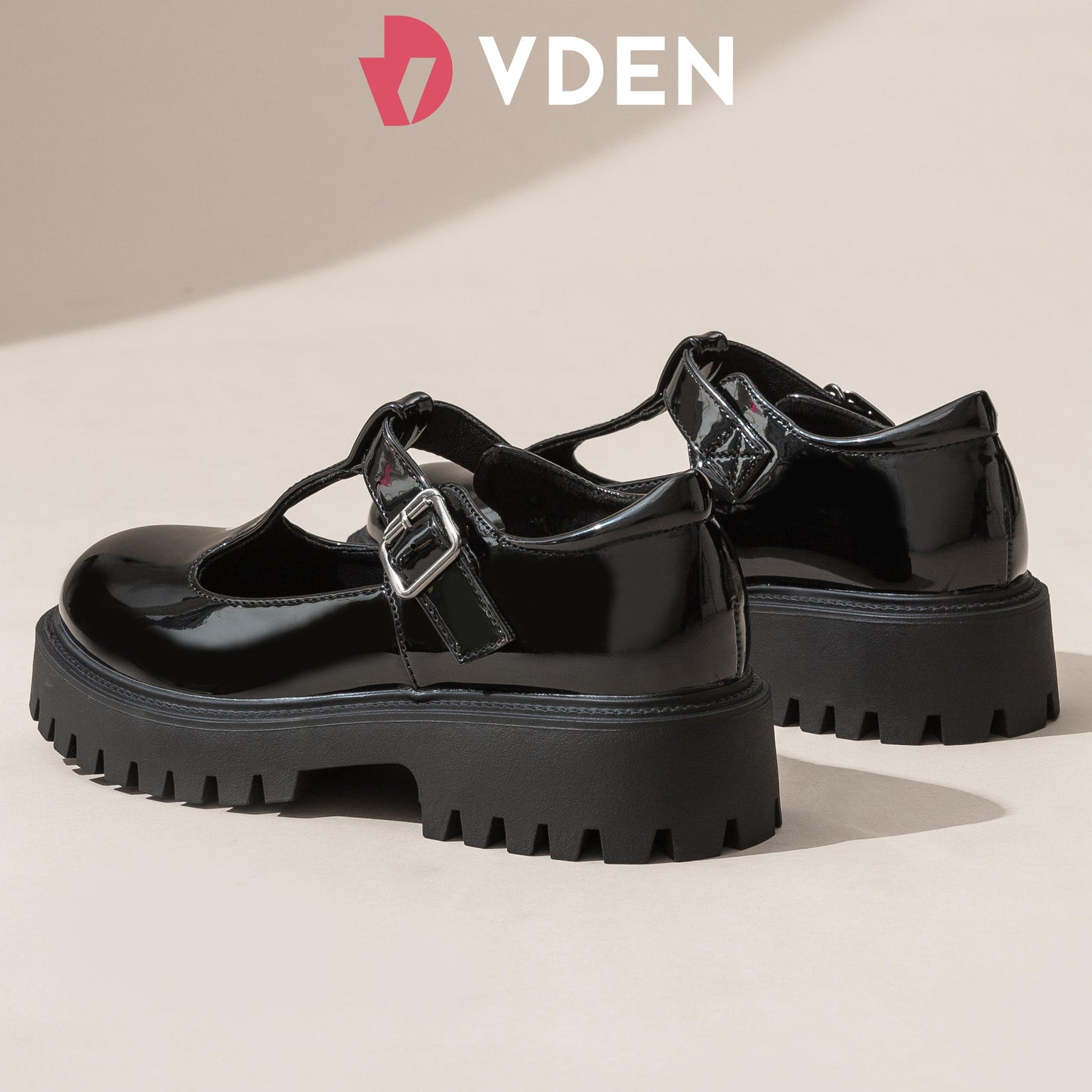 VDEN Mary Jane Shoes Women Platform Round Toe Chunky Heel T-Strap 1.6INCH/4.2CM 478A-7 College Style Patent Leather Thick-soled Loafers Solid Color Women's Leather Shoes