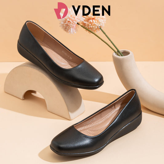 VDEN Women's Low Heel Shoes Leather Shoes 1.4INCH/3.4CM B1180-3 Black Wedges Office School Shoes For Women Women's Round Toe Thick Heel Office Black Shoes Student Black Shoes Korean Style Simple Commuter Shoes Comfortable Black Shoes Black Slip-on Shoes