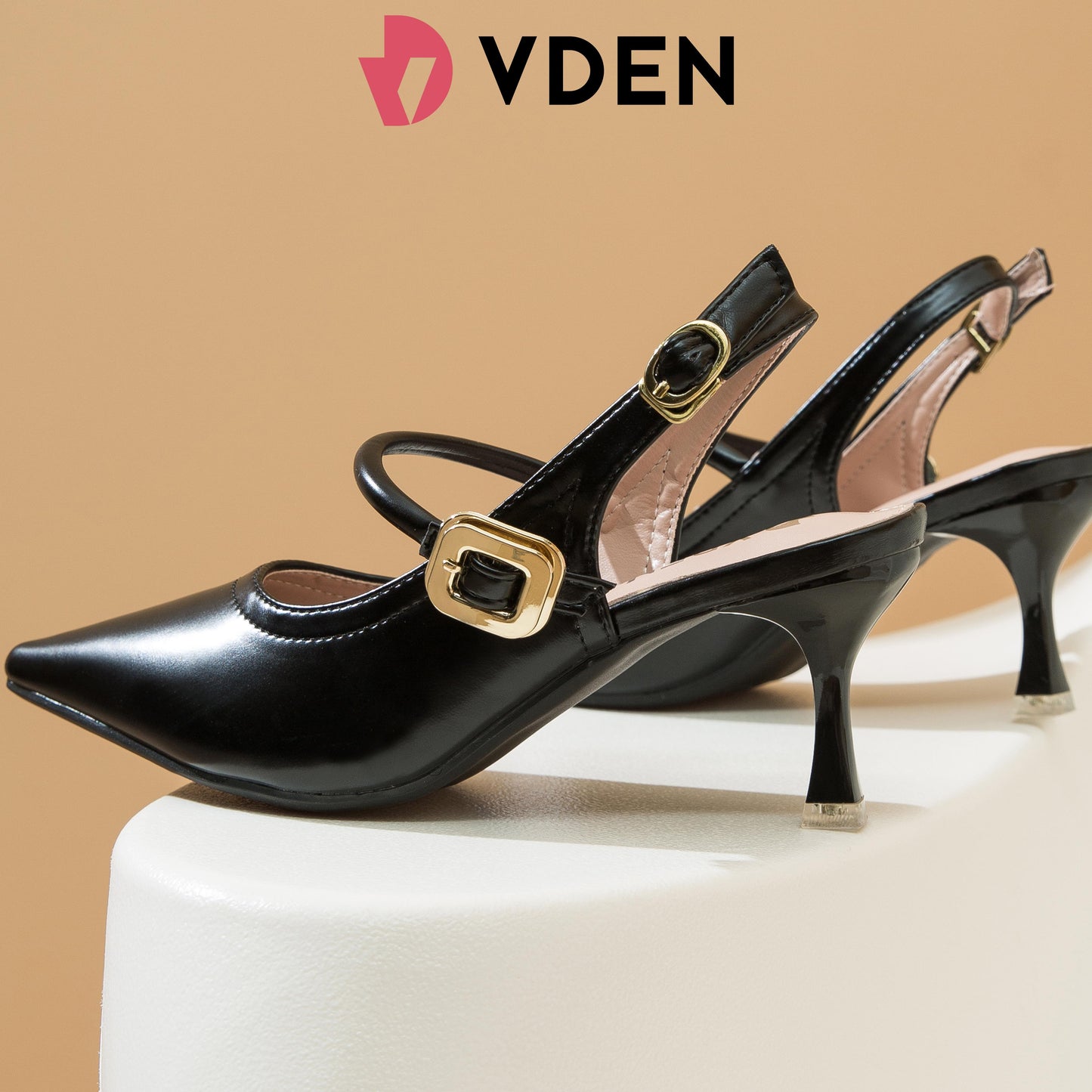 VDEN Women Slingback Buckle Heeled Pumps 2.5INCH/6.5CM 4866-2 Simple Solid Color Design Women's Pointy Toe Heels