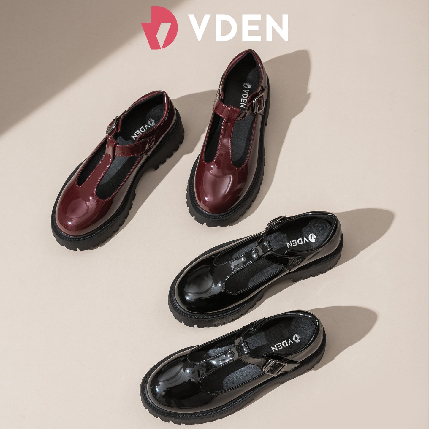 VDEN Mary Jane Shoes Women Platform Round Toe Chunky Heel T-Strap 1.6INCH/4.2CM 478A-7 College Style Patent Leather Thick-soled Loafers Solid Color Women's Leather Shoes