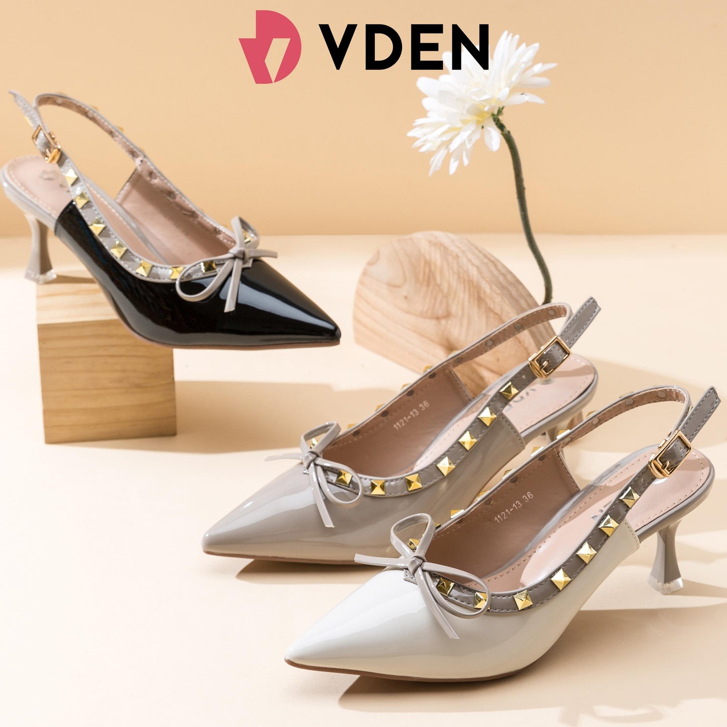 VDEN French Rivet Studded Stilettos Heels Ankle Strap Sandals For Women 2.7INCH/7CM 1121-13 Temperament Versatile Slingback Sandals Office Women's Heels