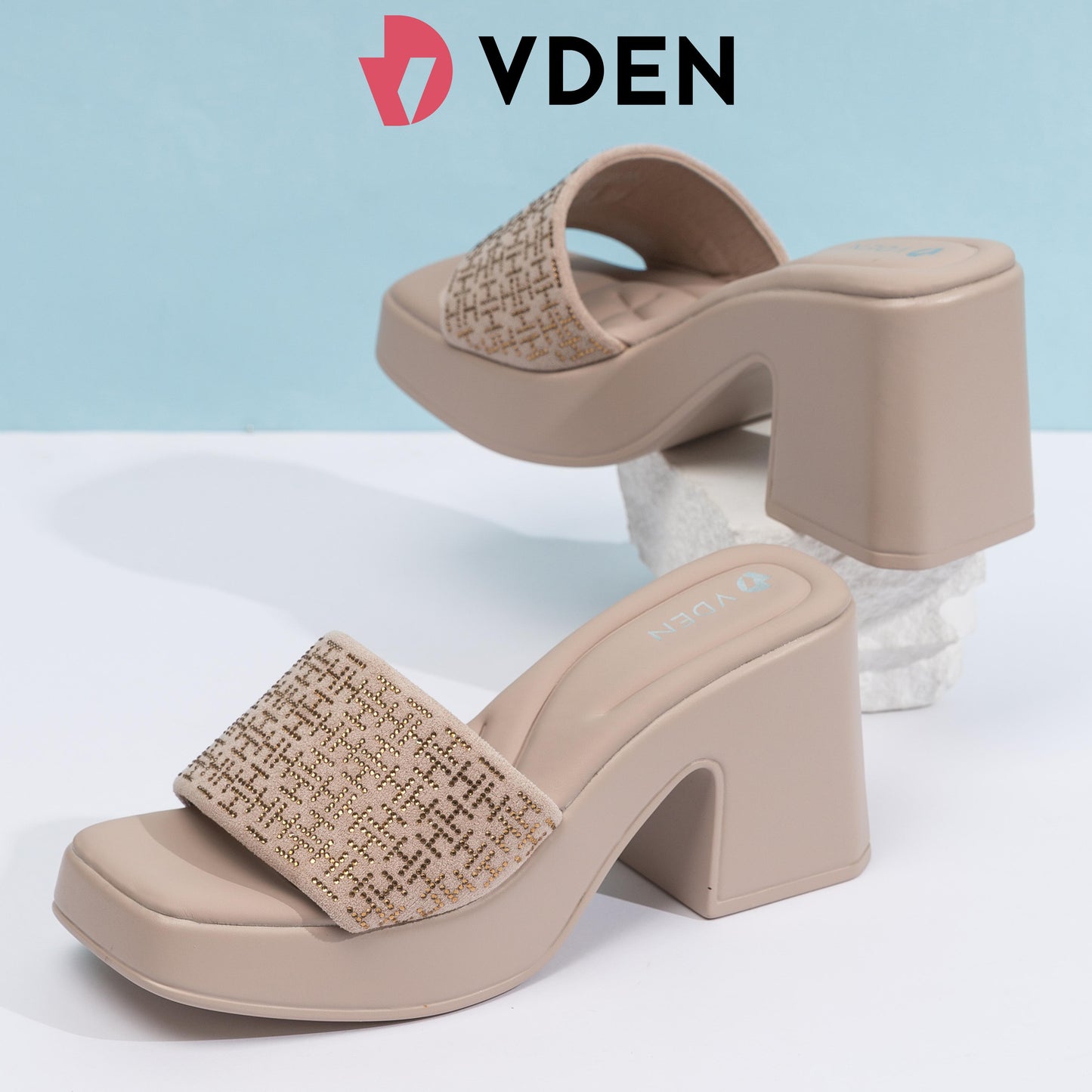 VDEN Rhinestone High Chunky Platform Sandals For Women 3.2INCH/8.5CM 1377-D1 Stylish Thick-soled Pumps With Versatile And Lightweight Heels Mule Open Toe Slip-ons Heels