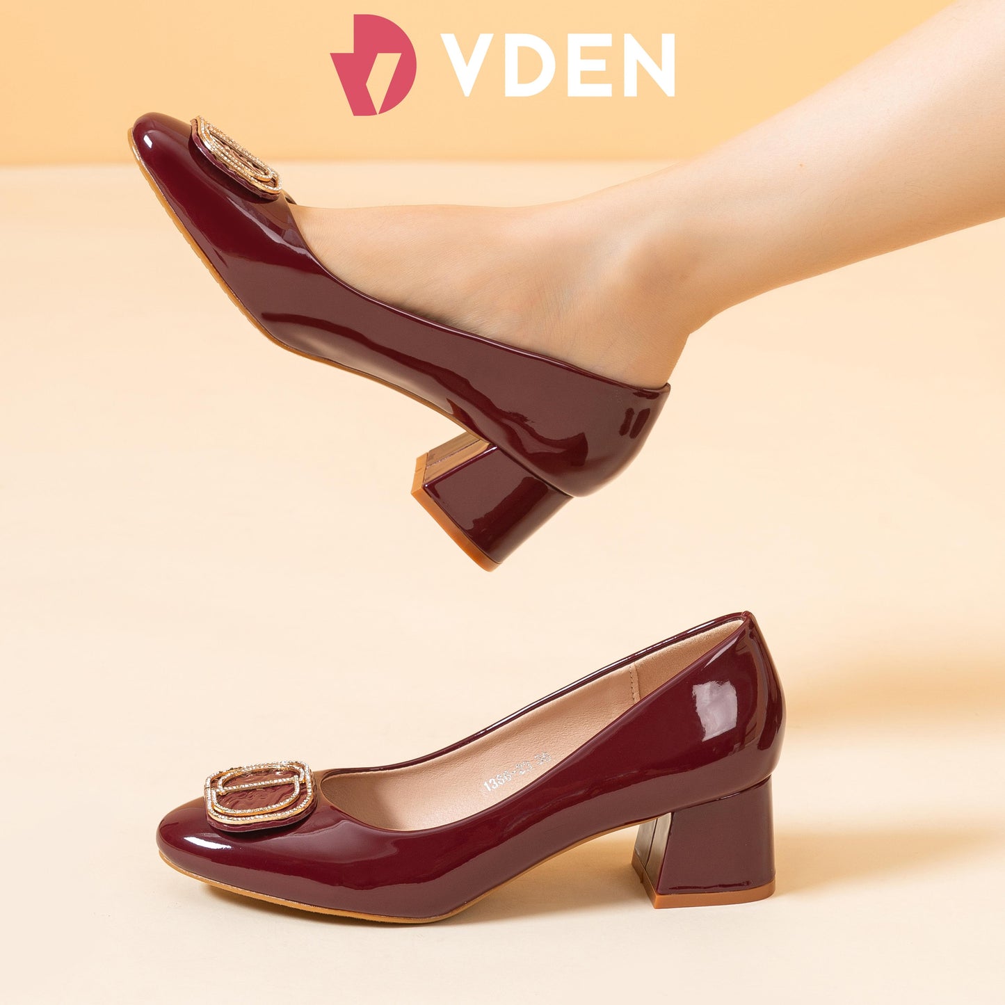 VDEN Round Toe Women's Slip On Metal Buckle Patent Chunky Low Heel Pumps Shoes 1.9INCH/4.8CM 1386-23 Chunky Heel Slip-on Shoes For Women Office Thick Heel Shoes With Rhinestones Old Money Style Heels Elegant Women's Shoes High-end Women's Shoes