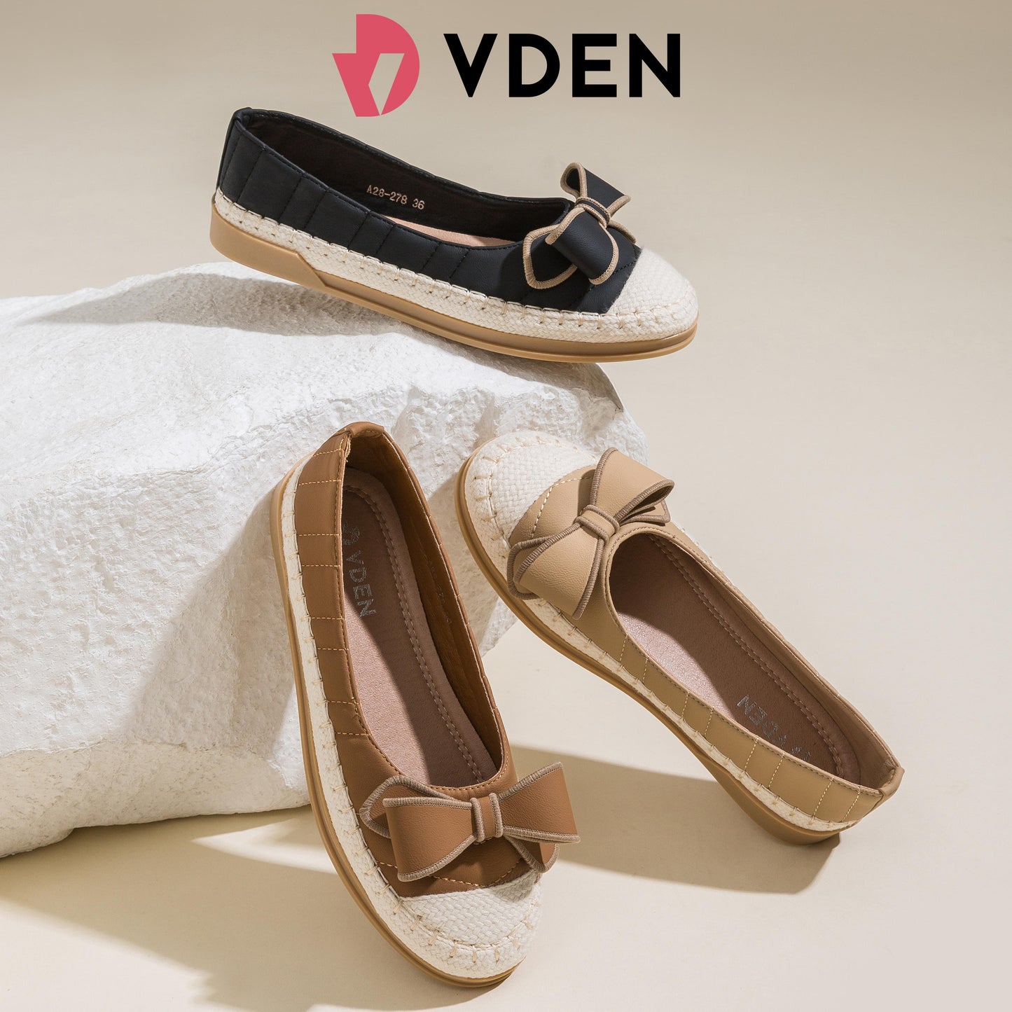 VDEN Elegant Slip-On Espadrille Flats with Stylish Bow and Textured Woven Sole 0.6INCH/1.7CM A28-278 Minimalist Comfort Slip-On Flats With Retro Bow Detail Casual Chic Canvas Slip-Ons for Women Lightweight Everyday Slip-On Shoes