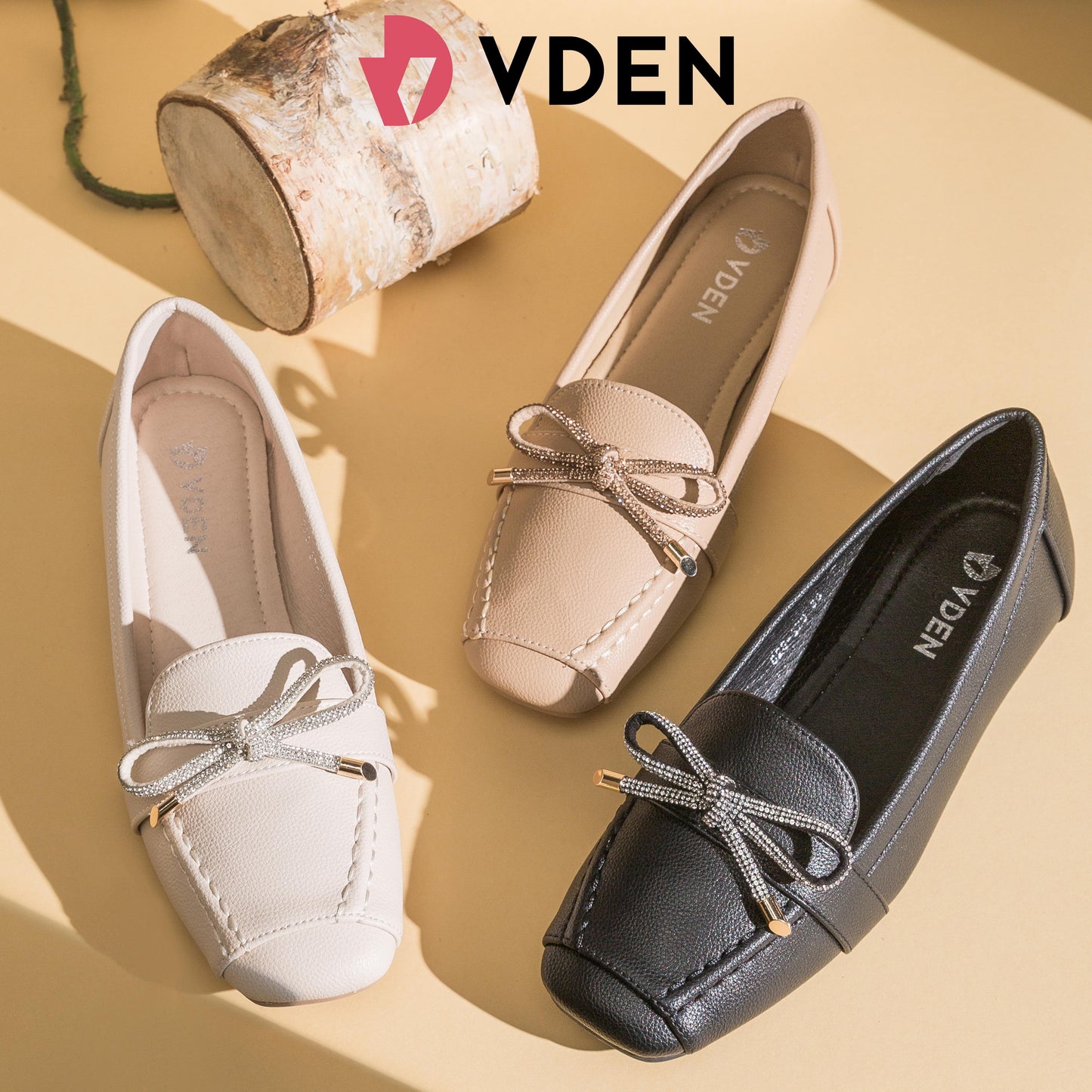 VDEN Women's Square Toe Slip-On Loafers Shoes 1INCH/2.5CM 528-379 Ballet Toe Design Bowknot Rhinestones Decoration Chunky Low Heel Loafers Office Women Shoes