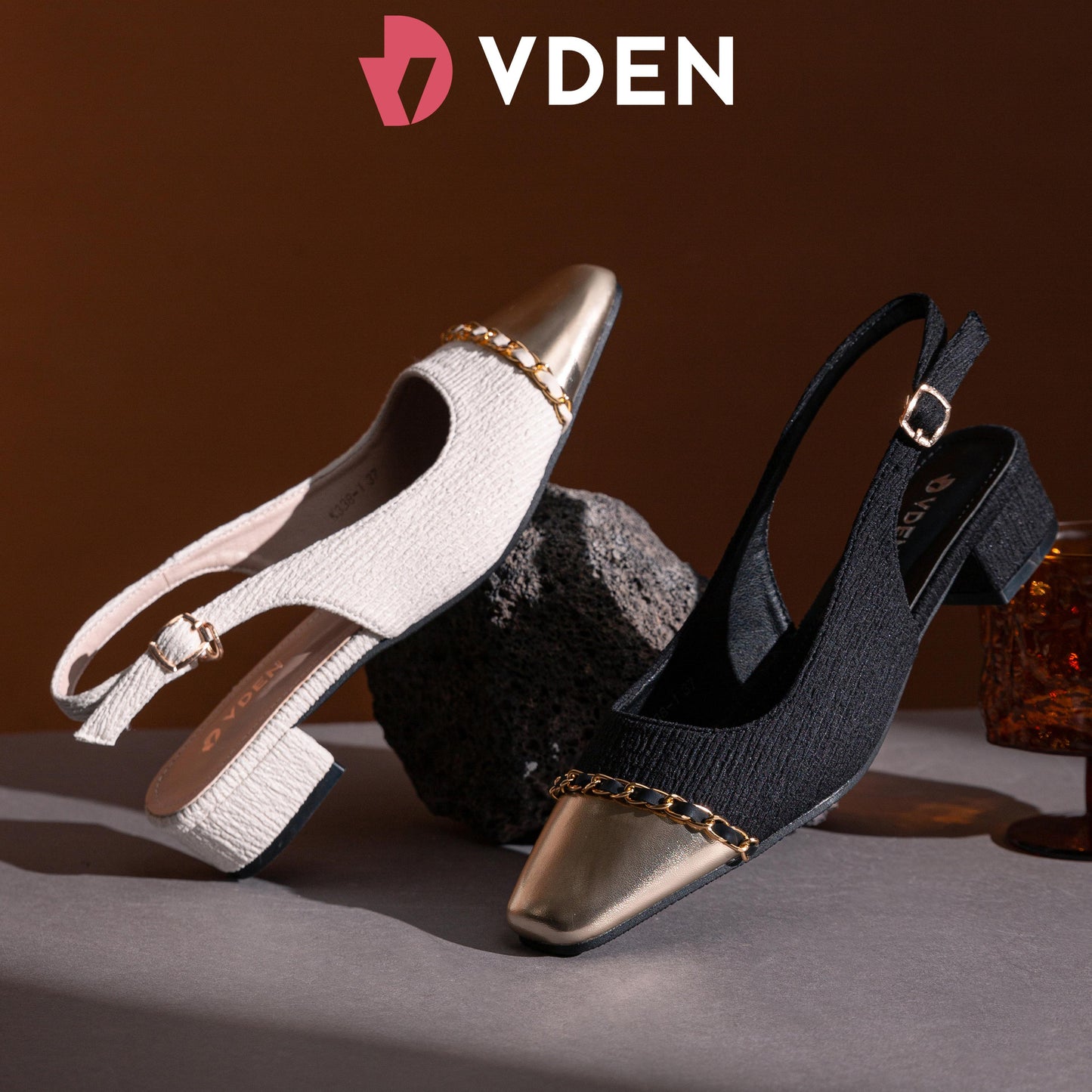 VDEN Women Slingback Cuban Heel Square To Shoes For Women 3CM/1.1INCH Slingback Square Toe Shoes K338-1 Retro Chain Color Block Sandals