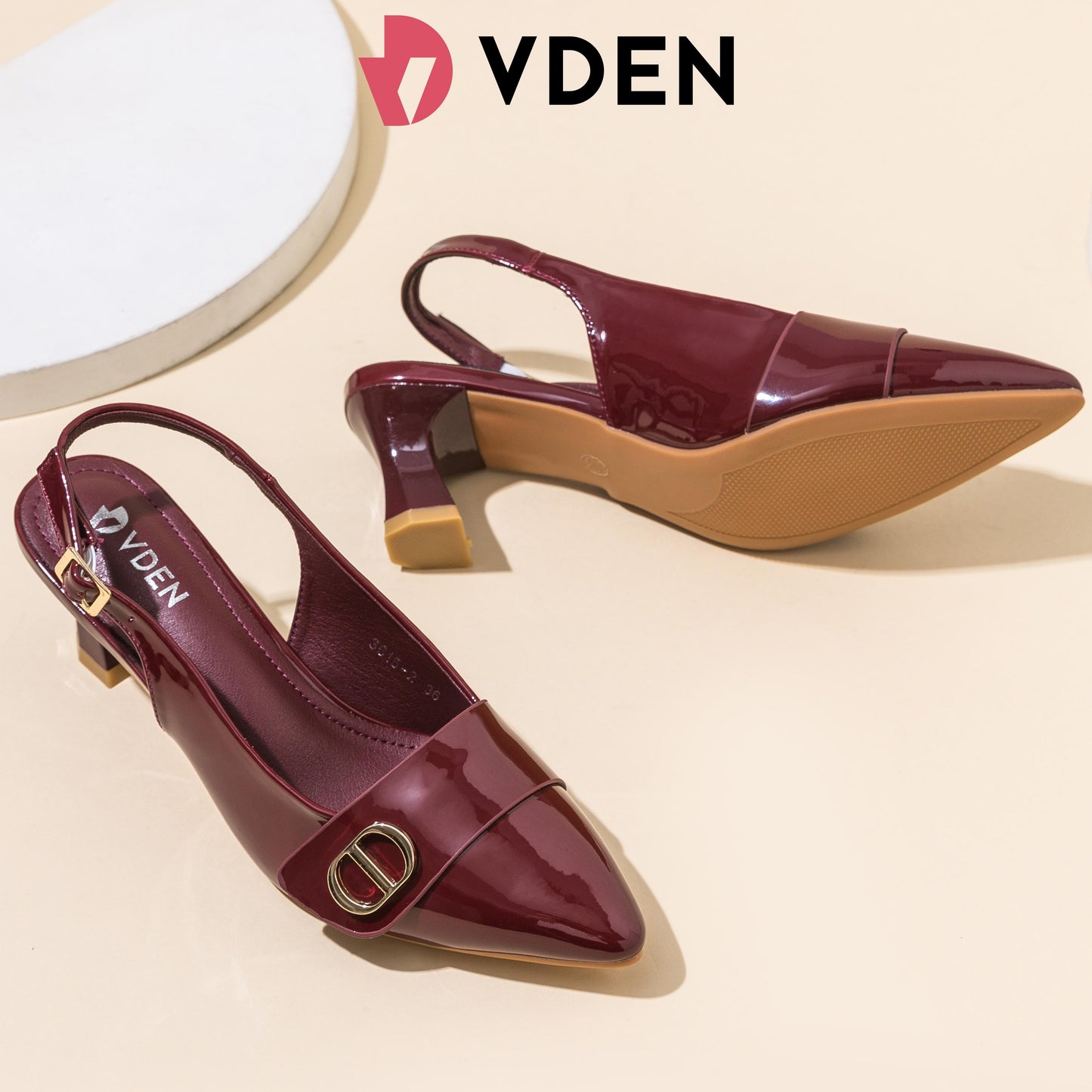VDEN Pointed-Toe Slingback Pumps For Women 2.1INCH/5.5CM 3615-2 Women’s Vintage Pointed-Toe Slingback Patent Leather Heels With Buckle
