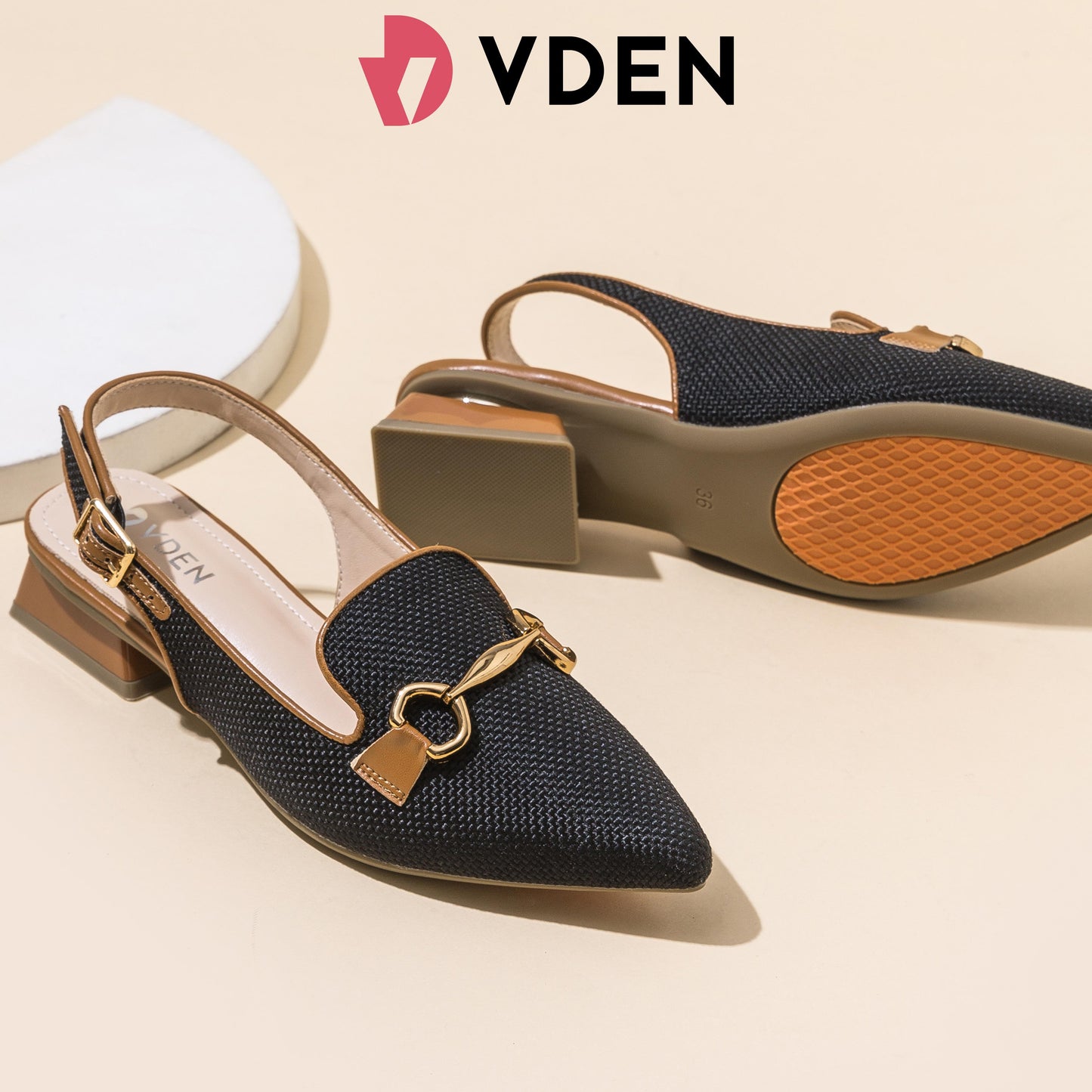 VDEN Stylish Slingback Mules Women's Shoes With Pointed Toe Thick Heel And Metal Buckle For Women 1INCH/2.8CM X1-1 Elegant Women’s Slingback Heels – Textured Pointed Mules with Metal Buckle Design Low Heeled Slingback Sandals with Horsebit Chain Detail