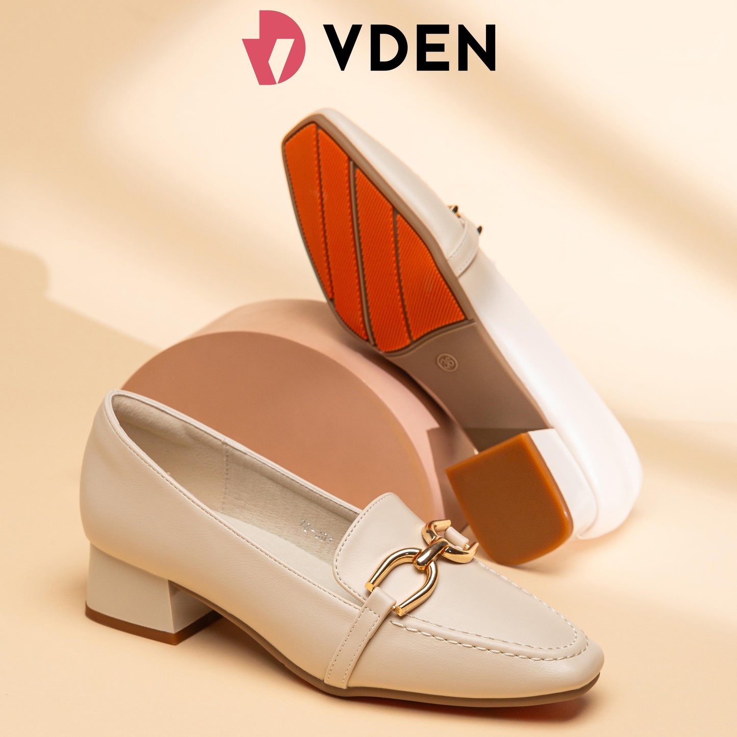 VDEN Leather Heel Gold Buckle Square Toe For Women 3.6CM/1.5INCH Square Toe Thick Heel Old Money Style Loafers Heels 78-301 Women's Office Shoes Footwear