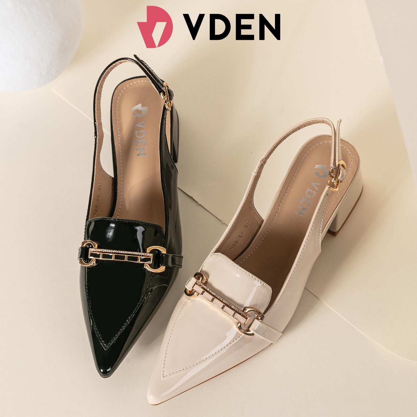 VDEN Slingback Low Block Heels Pointed Toe Office Work Pumps Shoes 1.7INCH/4.5CM 528-12 Korean Style Simple Patent Leather Slingback Shoes Old Fashion Thick Heels