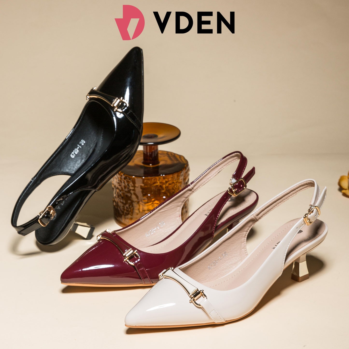VDEN Patent Pointed-Toe Slingback Heels For Women 2.5INCH/6.4CM 6720-1 Korean Patent Leather Kitten Heels Women's Elegant Pointed Toe Slingback Sandals Fashion Comfort Walking Shoes