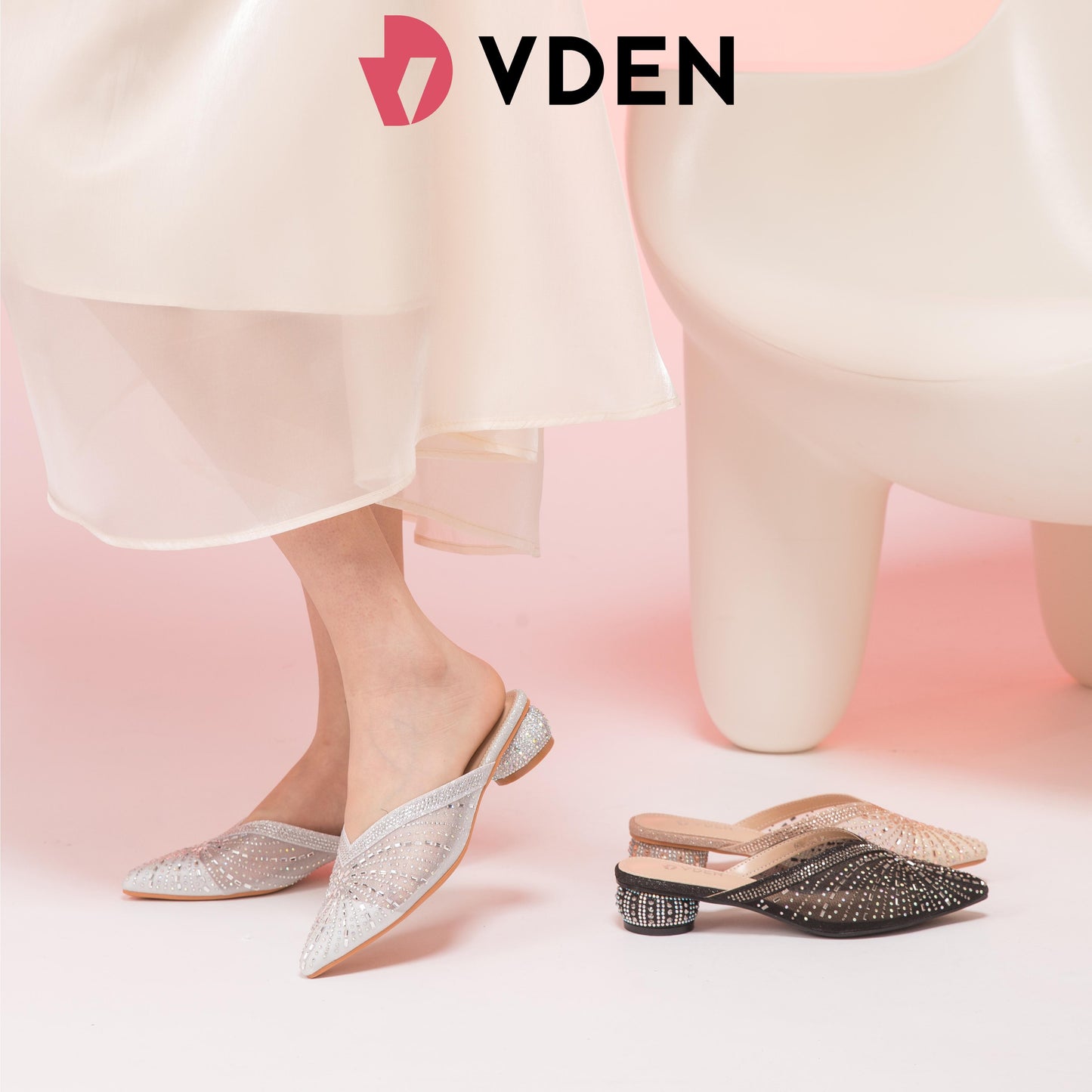 VDEN Pointed Toe Heels Sandal 608-A3-8 Mules Half Slippers For Women Summer Thick Heel Outer Wear 2024 New Style Genuine Leather Rhinestone Fashion Pointed Toe Medium Heel Sandals For Women