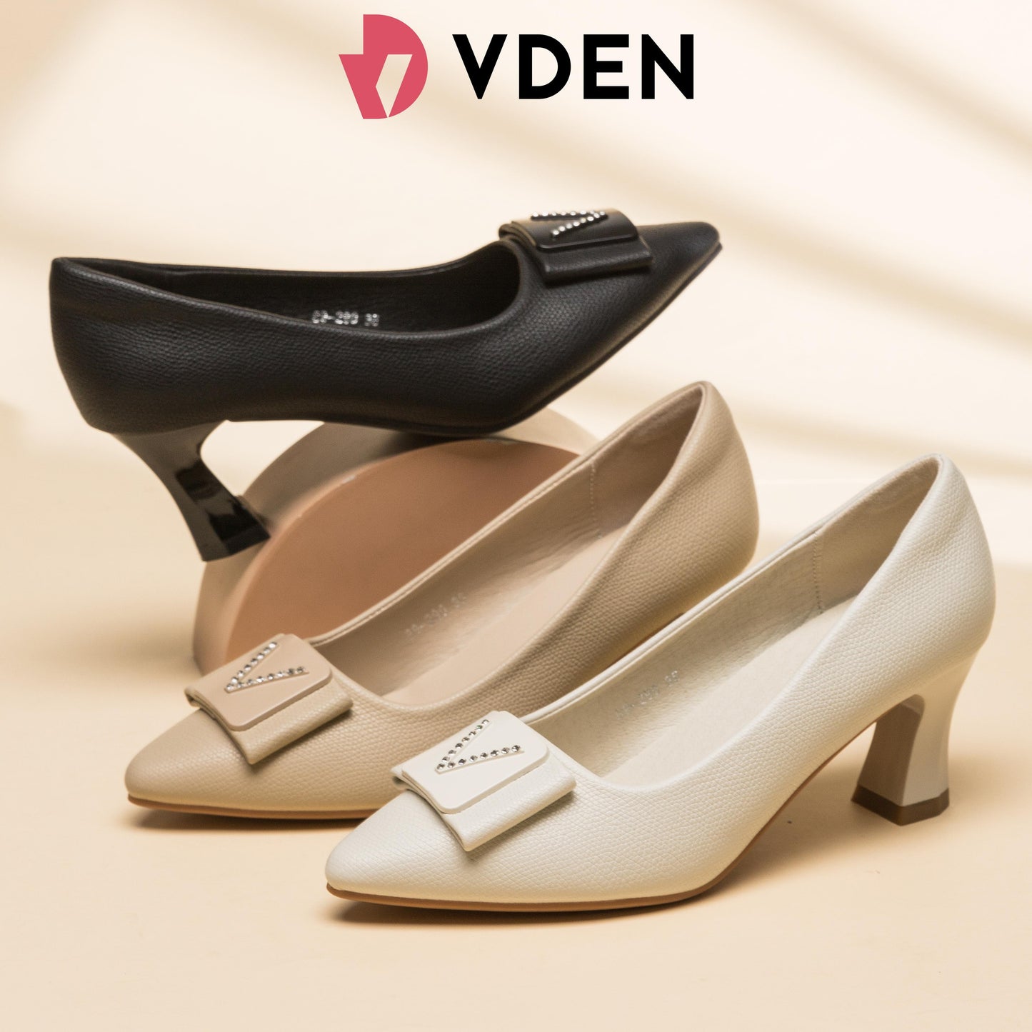 VDEN Elegant Chunky Pointed Toe Heels For Women 2.5INCH/6.5CM 89-290 Office Simple Thick Heel Shoes Rhinestone Decoration