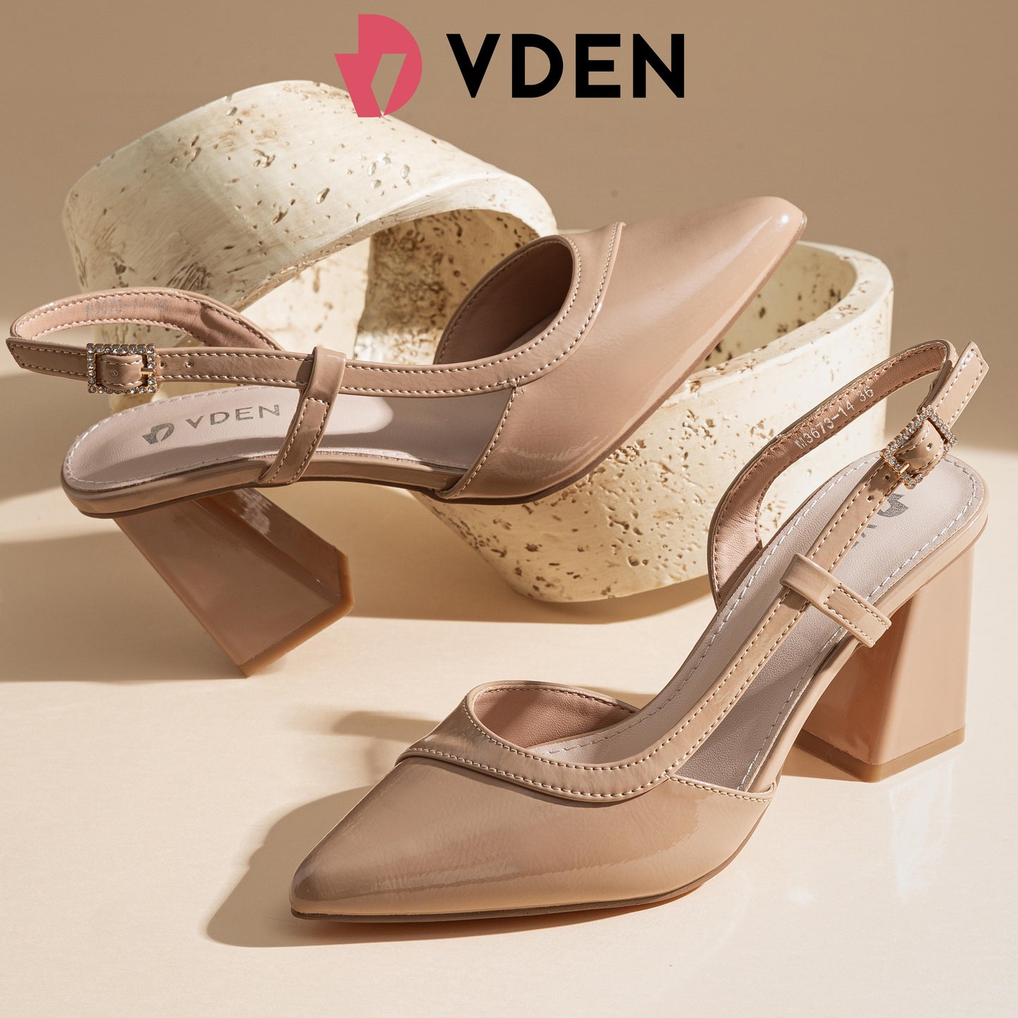 VDEN Closed Pointed Toe Chunky Heels Slingback Pumps Block Dress Shoes Women 2.9INCH/7.3CM M3673-14 Elegant Classy Footwear Girl Solid Color Patent Leather Pointed Toe Thick Heel Shoes Summer Slingback Shoes All-match Thick Heel Sandals