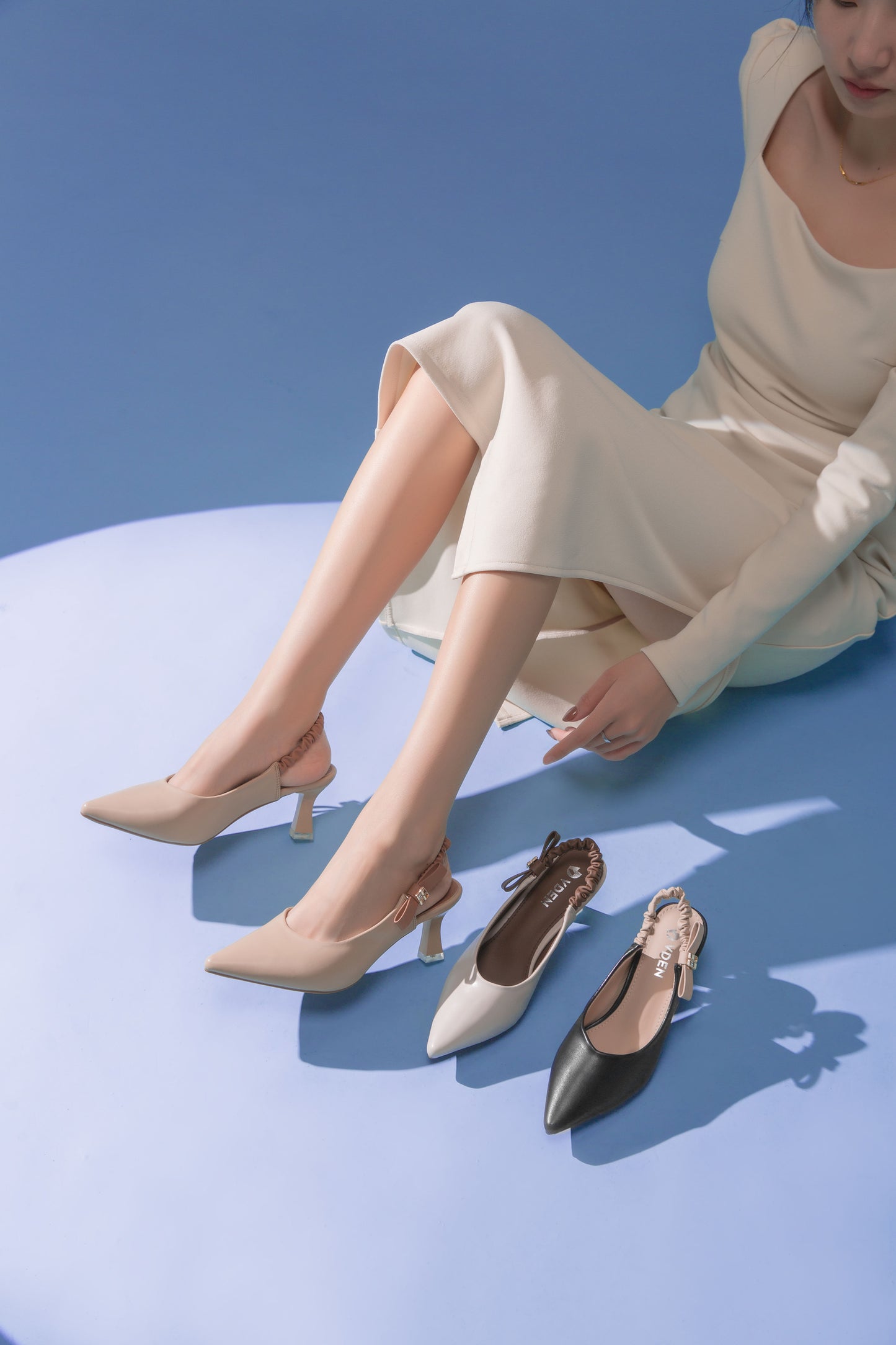 VDEN Pointed Stilleto Mid Heel 003-3 Simple Solid Color Pointed Toe Low Heel Slingback Shoes