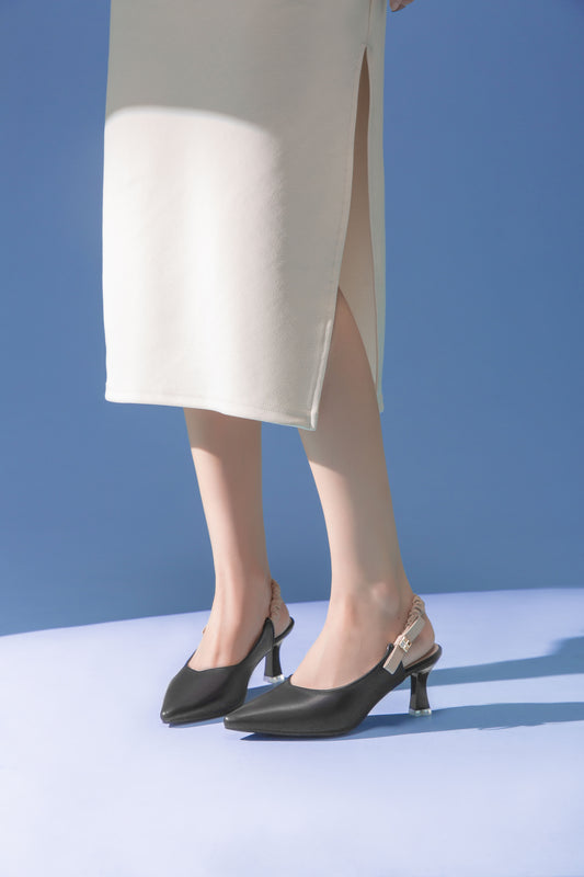 VDEN Pointed Stilleto Mid Heel 003-3 Simple Solid Color Pointed Toe Low Heel Slingback Shoes