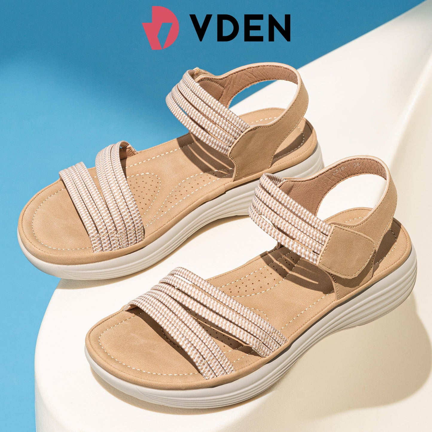 VDEN Women's Sandals Summer Lace-Up Elegant And Comfortable 1.5INCH/3.5CM 2516-1 Thick-soled Comfortable Sandals With Non-Slip Sole And Velcro Straps For Women With Wedge Heels And Slip-on Sandals