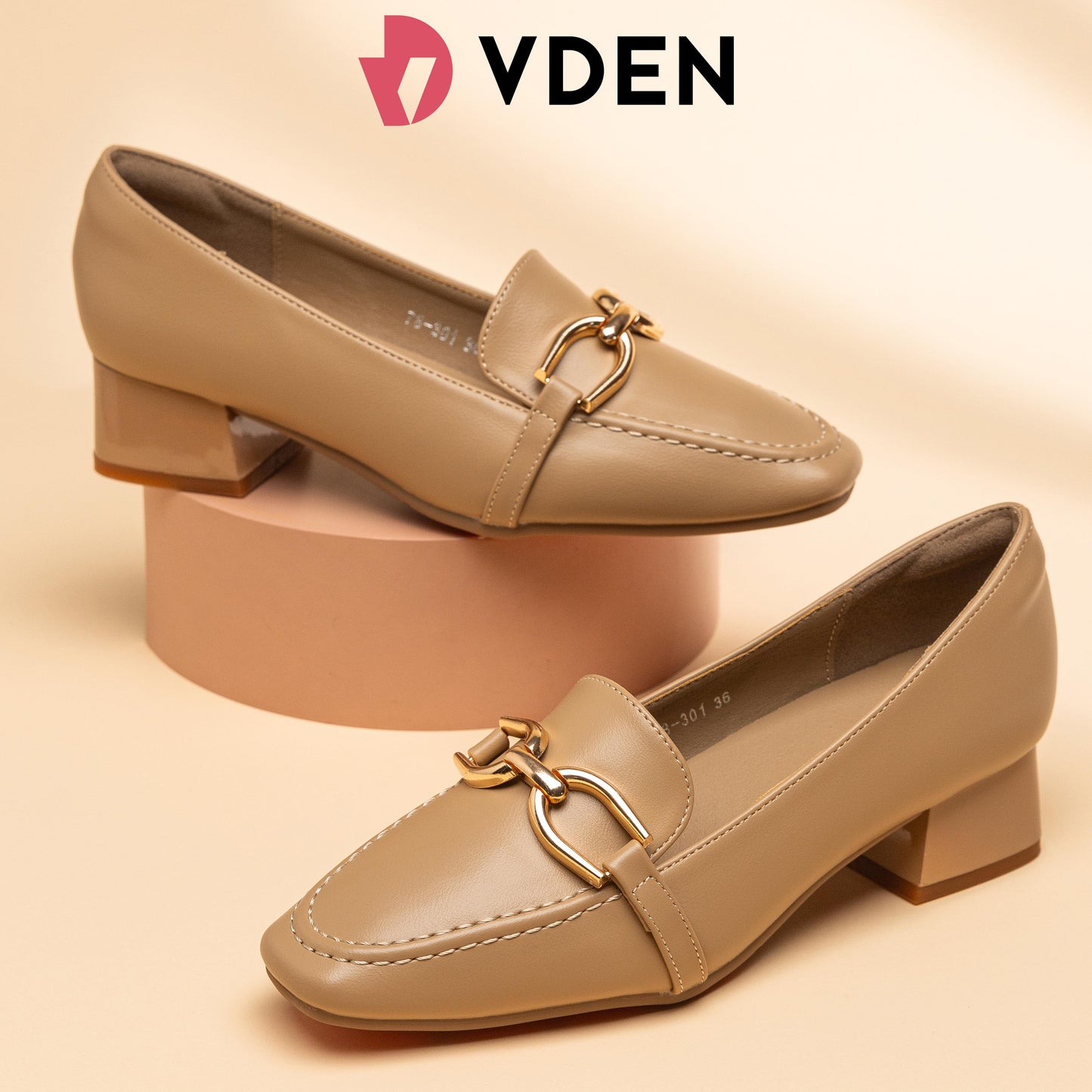 VDEN Leather Heel Gold Buckle Square Toe For Women 3.6CM/1.5INCH Square Toe Thick Heel Old Money Style Loafers Heels 78-301 Women's Office Shoes Footwear