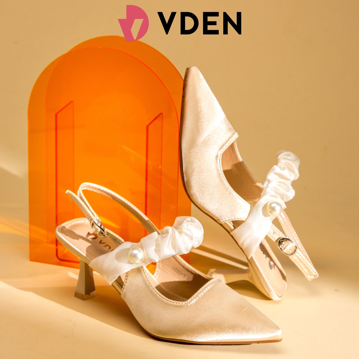 VDEN Kitten Heels With Pearl Mid Heel Shoes For Women（NEED ADD 1 SIZE）2.7INCH/7CM 0080-1 French Satin Pearl Slingback Stilettos