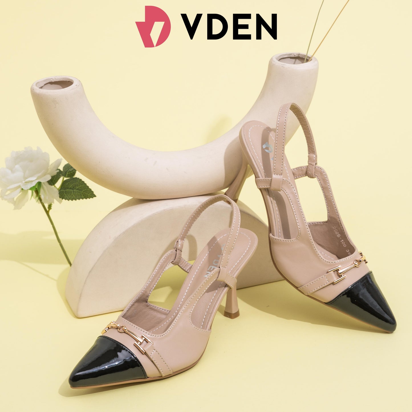 VDEN Pointy Slingback Ladies High Heels Fashion Pumps 3.2INCH/8.5CM 2026-100 Retro Style Stilettos Heels Stylish Color Block French Sandals