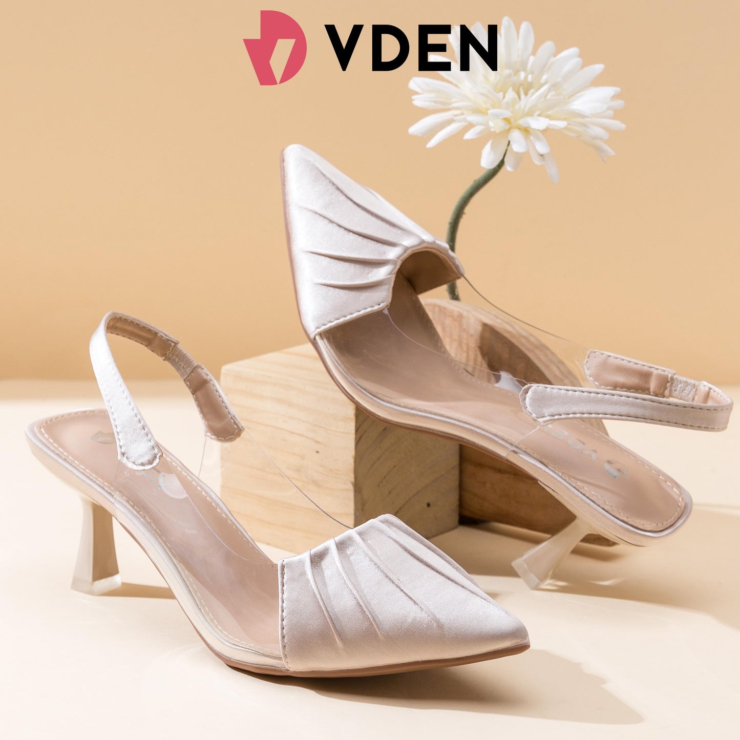 VDEN Satin Patent Leather Slingback-Heeled Shoes For Women 2.7INCH/7CM 4408-3 Fairy Style Sandals With Pointed Toe Fashionable Color Matching And Transparent Stitching Color