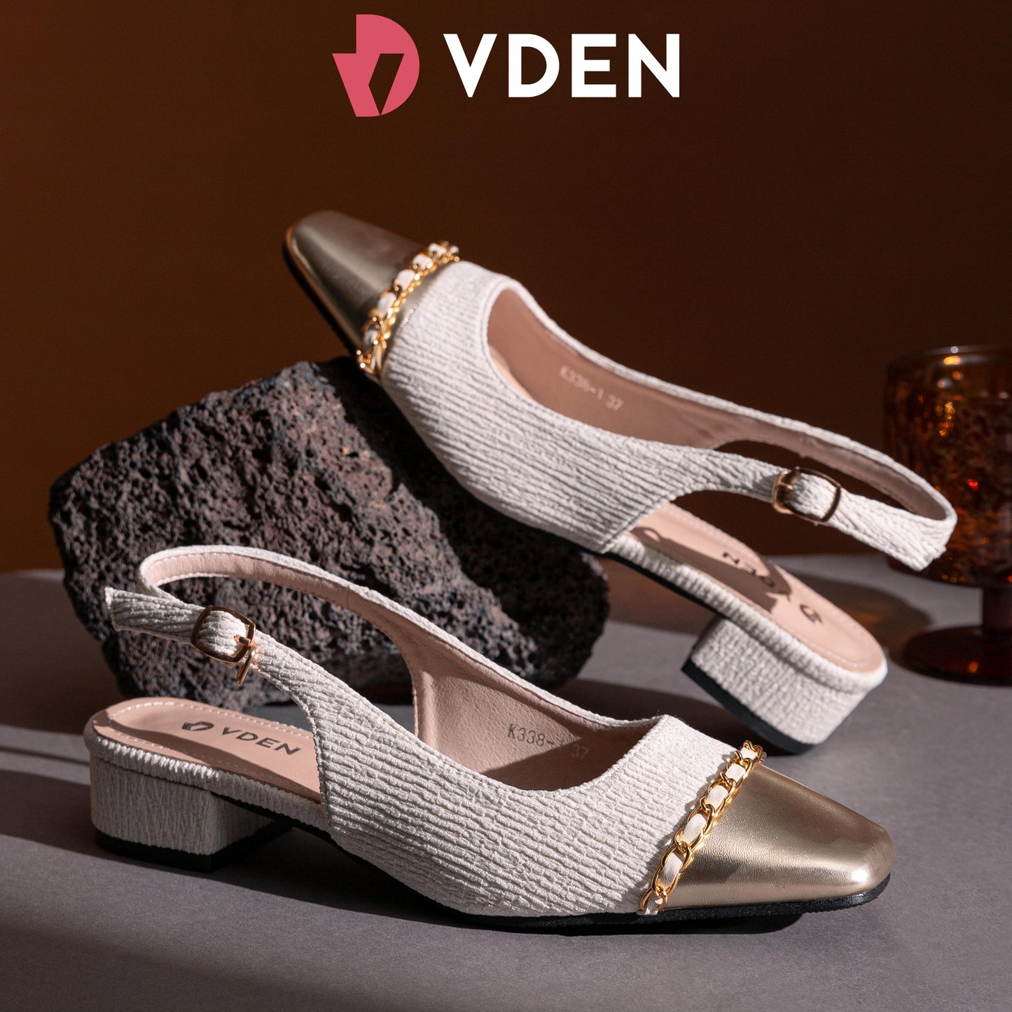 VDEN Women Slingback Cuban Heel Square To Shoes For Women 3CM/1.1INCH Slingback Square Toe Shoes K338-1 Retro Chain Color Block Sandals
