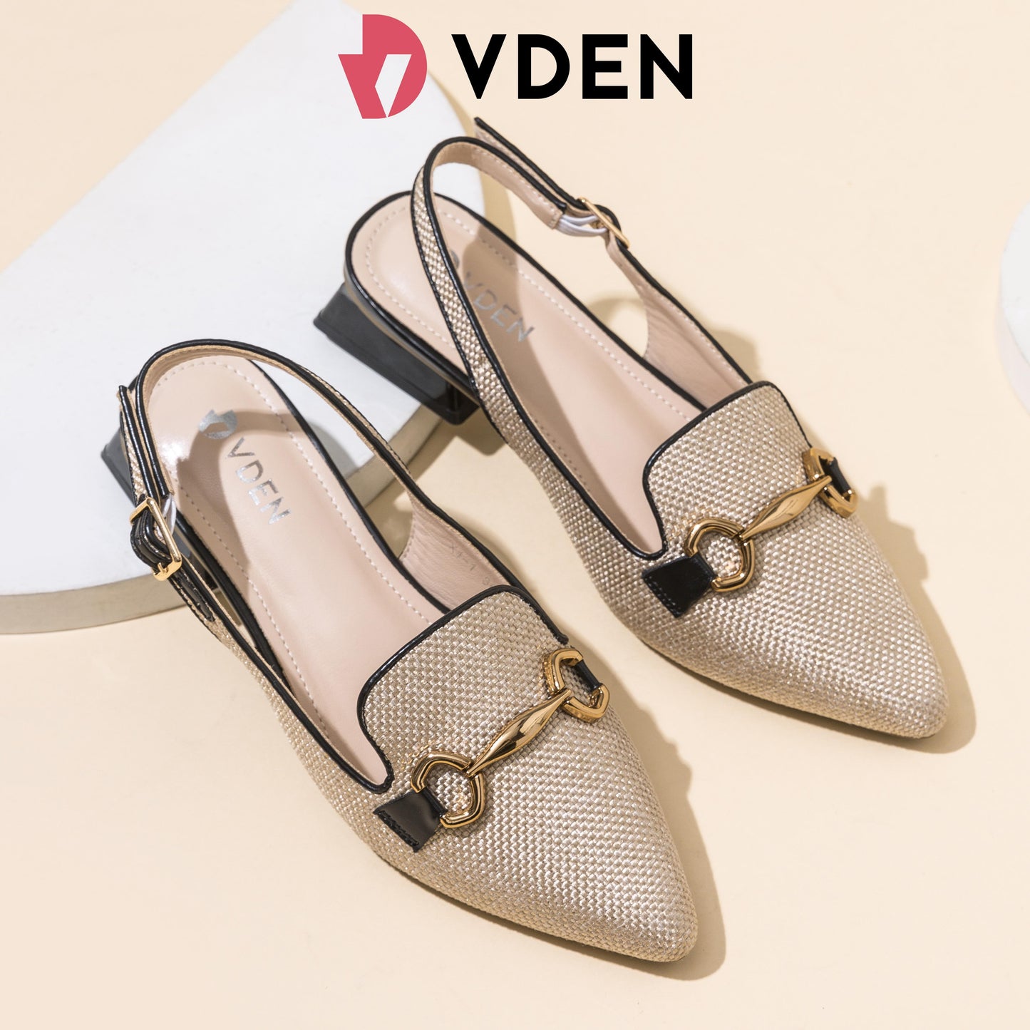VDEN Stylish Slingback Mules Women's Shoes With Pointed Toe Thick Heel And Metal Buckle For Women 1INCH/2.8CM X1-1 Elegant Women’s Slingback Heels – Textured Pointed Mules with Metal Buckle Design Low Heeled Slingback Sandals with Horsebit Chain Detail