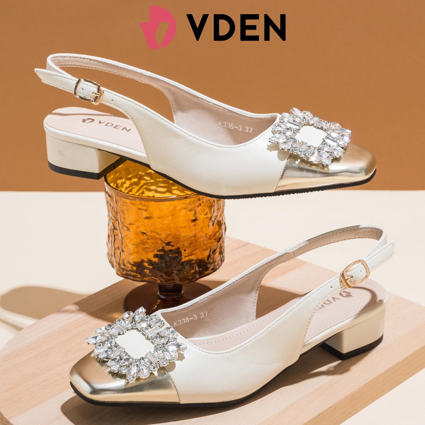 VDNE Rhinestone Square Toe Thick Heel For Women (NEED ADD 1 SIZE) 3CM/1.1INCH Square Buckle Slingback Shoes K338-3 Retro Color Block Heels