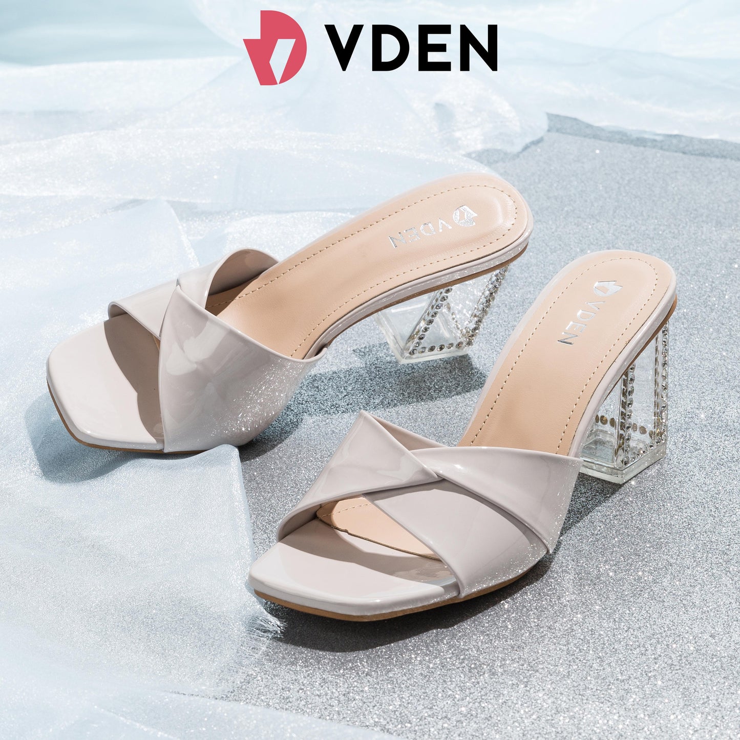 VDEN French high heels retro mid-heel sandals 186-8 crystal heel office slippers for women summer outer wear 2024 new style
