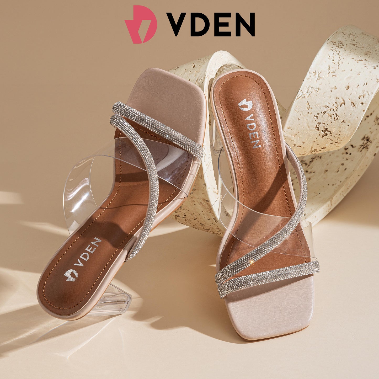 VDEN Heels Women's High-heeled Sandals  Horseshoe Heels 3INCH/7.7CM 1855-D1 Comfort Elegant Girl Footwear Classy Open Toe Rhinestones Decoration Transparent Strap Crystal Heels Sexy Sandals Heels