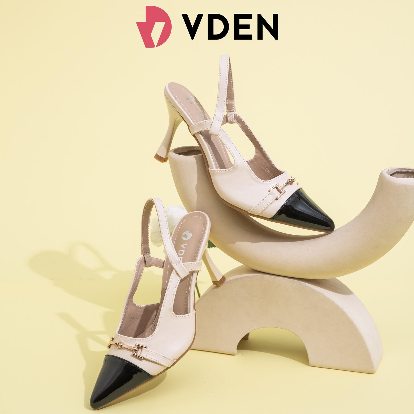VDEN Pointy Slingback Ladies High Heels Fashion Pumps 3.2INCH/8.5CM 2026-100 Retro Style Stilettos Heels Stylish Color Block French Sandals