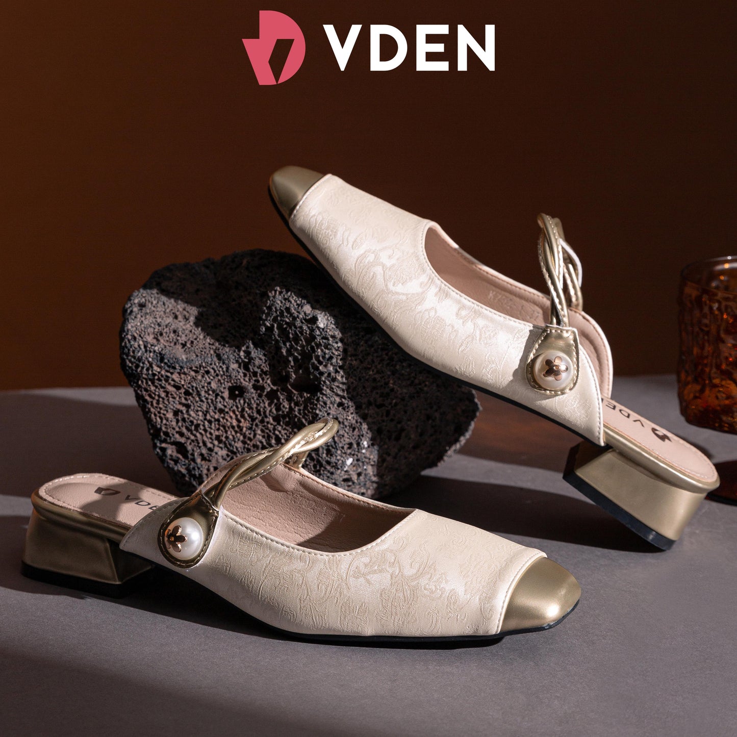 VDEN Block Heel Square Toe Mule Shoes for Women 3CM/1.1INCH Color Block Special Fabric Sandals K792-1 Ladies Slip-on Shoes