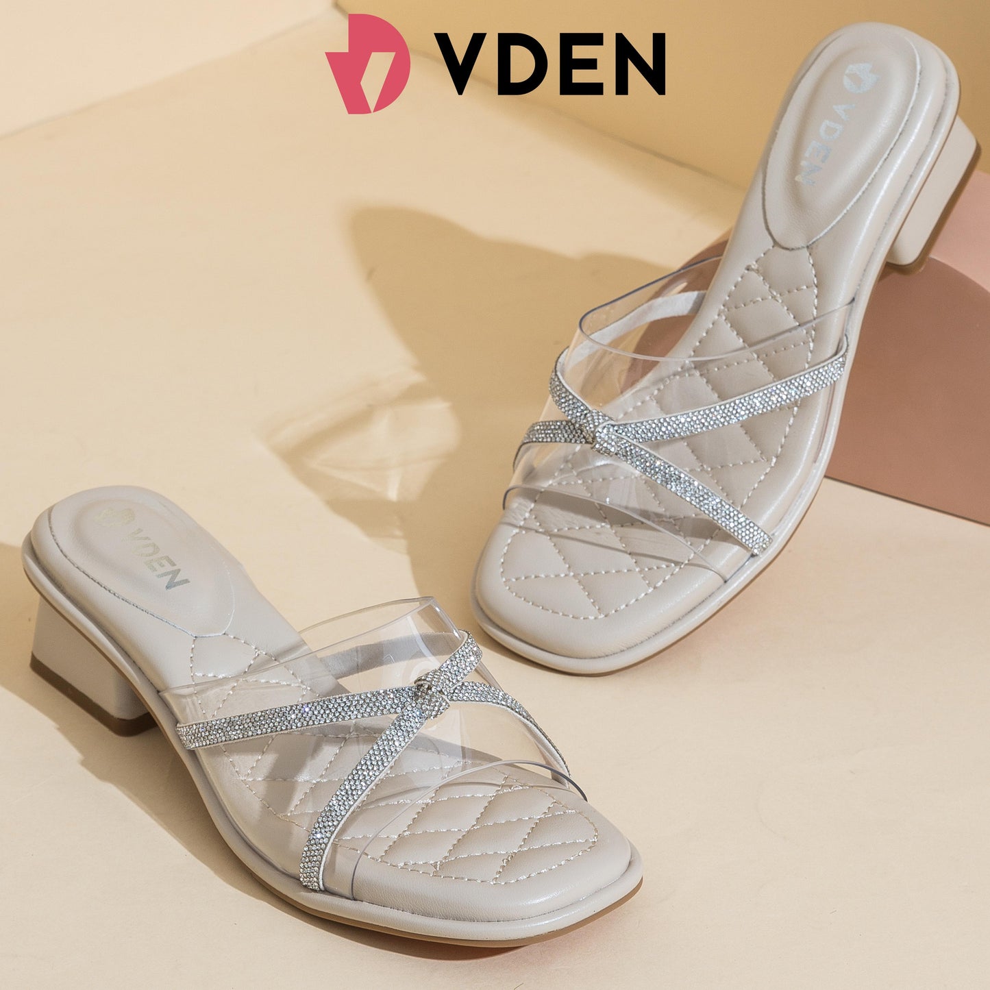 VDEN VDEN Elegant Rhinestone Strap Heeled Sandals For Women 1.2INCH/3.3CM 542-21  Sparkly Crystal Strap Open Toe Sandals Quilted Cushion Heel Sandals for Women Summer Elegant Slip-On Heeled Sandals Walking Shoes Glitter Strap Square Heel Party Sandals