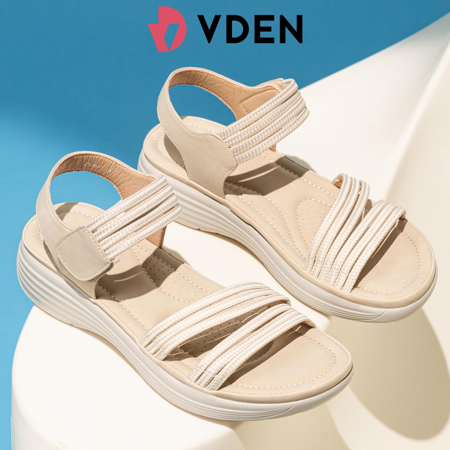 VDEN Women's Sandals Summer Lace-Up Elegant And Comfortable 1.5INCH/3.5CM 2516-1 Thick-soled Comfortable Sandals With Non-Slip Sole And Velcro Straps For Women With Wedge Heels And Slip-on Sandals