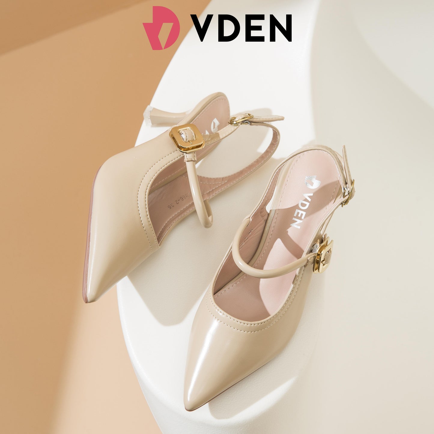 VDEN Women Slingback Buckle Heeled Pumps 2.5INCH/6.5CM 4866-2 Simple Solid Color Design Women's Pointy Toe Heels