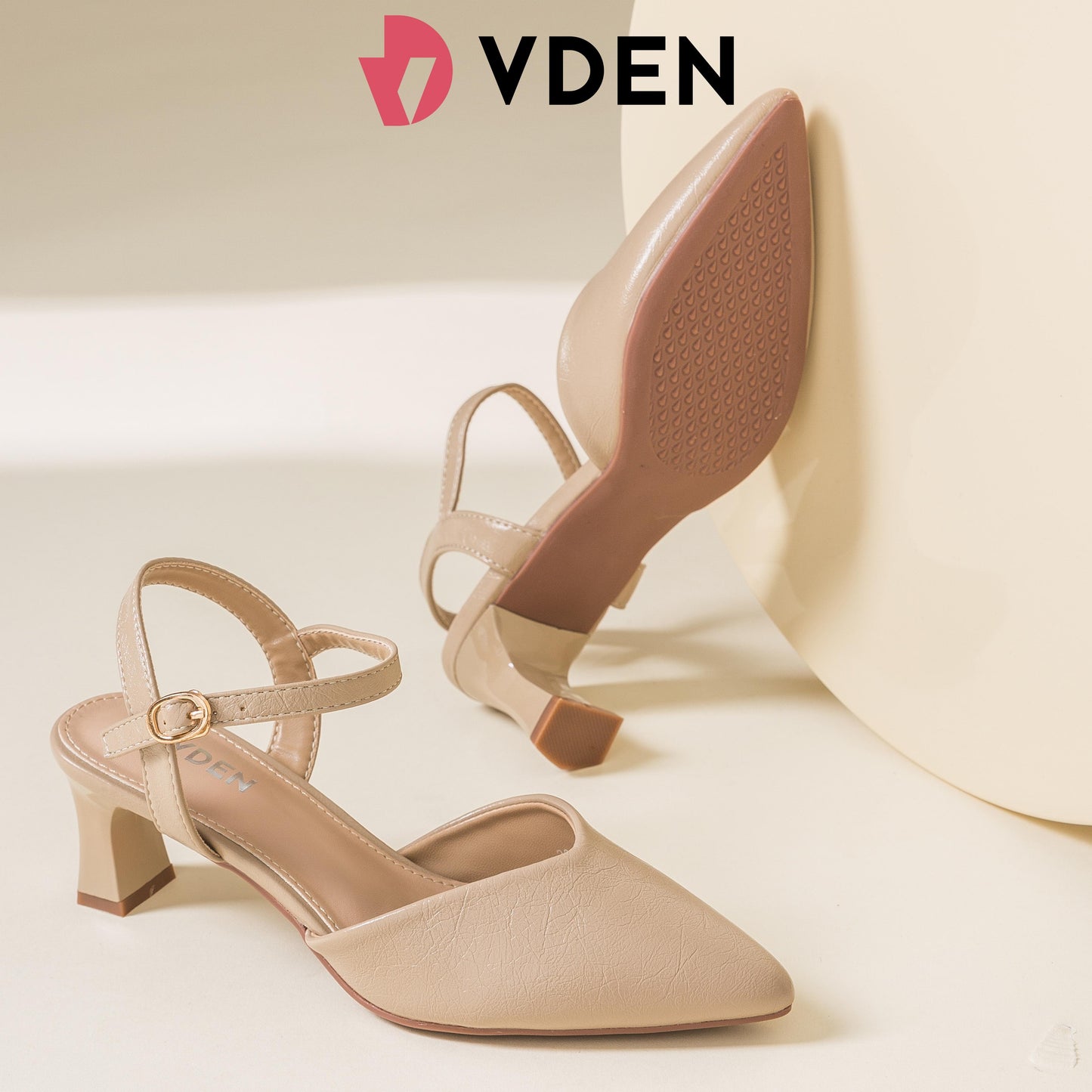 VDEN Women's Elegant Pointed Toe Block Heels 2.2INCH/5.6CM 2686-10 Korean Solid Color Simple Versatile Thick Heels Comfortable Block Heel Slingback Shoes Fashionable High-heeled Shoes With Ankle Strap Design Versatile Pleated Ankle Strap Heels