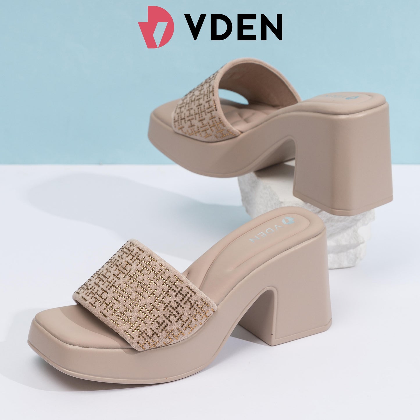 VDEN Rhinestone High Chunky Platform Sandals For Women 3.2INCH/8.5CM 1377-D1 Stylish Thick-soled Pumps With Versatile And Lightweight Heels Mule Open Toe Slip-ons Heels