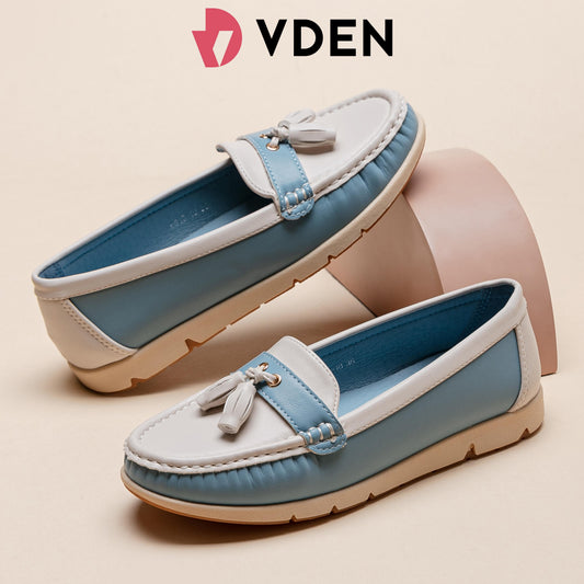 VDEN Ladies Leather Loafer Shoe Women's Memory Foam Slip On 0.6INCH/1.5CM 8813-10 Retro Tassel Slip-On Loafers for Women Comfy Tassel Moccasin Slip-Ons Stylish Colorblock Casual Flats Comfortable Soft Sole Loafers with Tassels