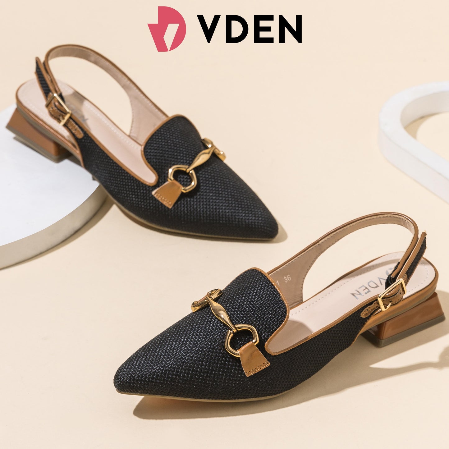 VDEN Stylish Slingback Mules Women's Shoes With Pointed Toe Thick Heel And Metal Buckle For Women 1INCH/2.8CM X1-1 Elegant Women’s Slingback Heels – Textured Pointed Mules with Metal Buckle Design Low Heeled Slingback Sandals with Horsebit Chain Detail