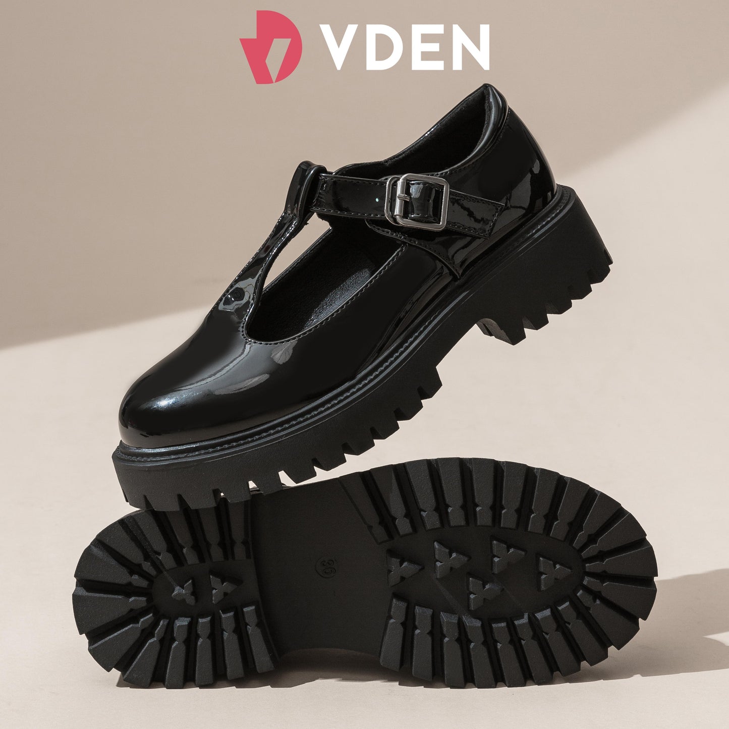 VDEN Mary Jane Shoes Women Platform Round Toe Chunky Heel T-Strap 1.6INCH/4.2CM 478A-7 College Style Patent Leather Thick-soled Loafers Solid Color Women's Leather Shoes